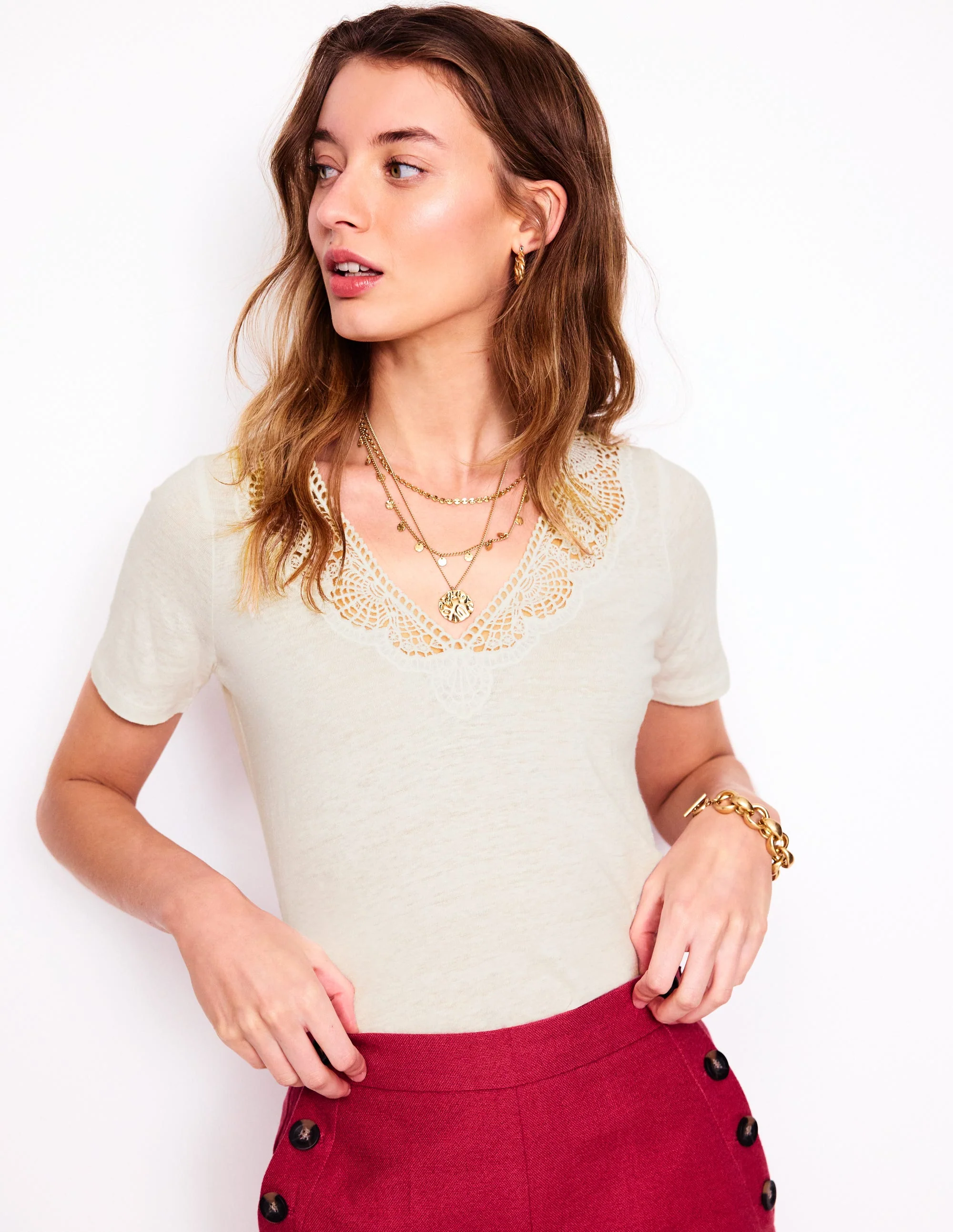 Lace Trim Linen T-shirt-Ivory - Image 6