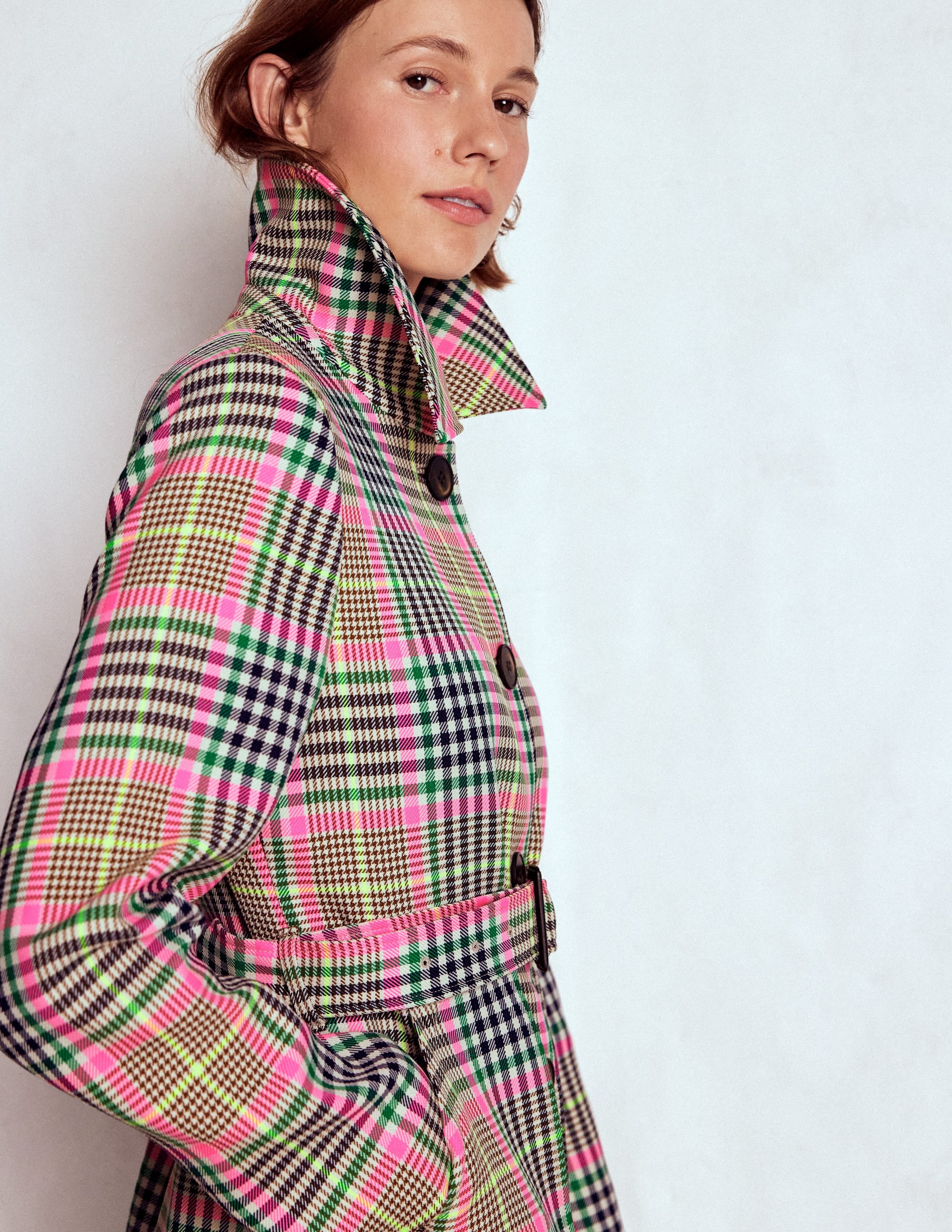Lancaster Belted Mac-Brown, Neon Pink Check - Image 4