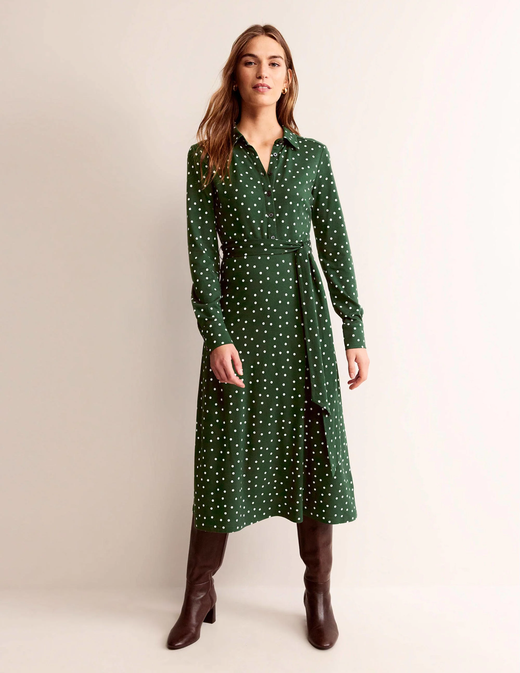 Laura Jersey Midi Shirt Dress-Emerald Night, Spaced Dot - Image 5