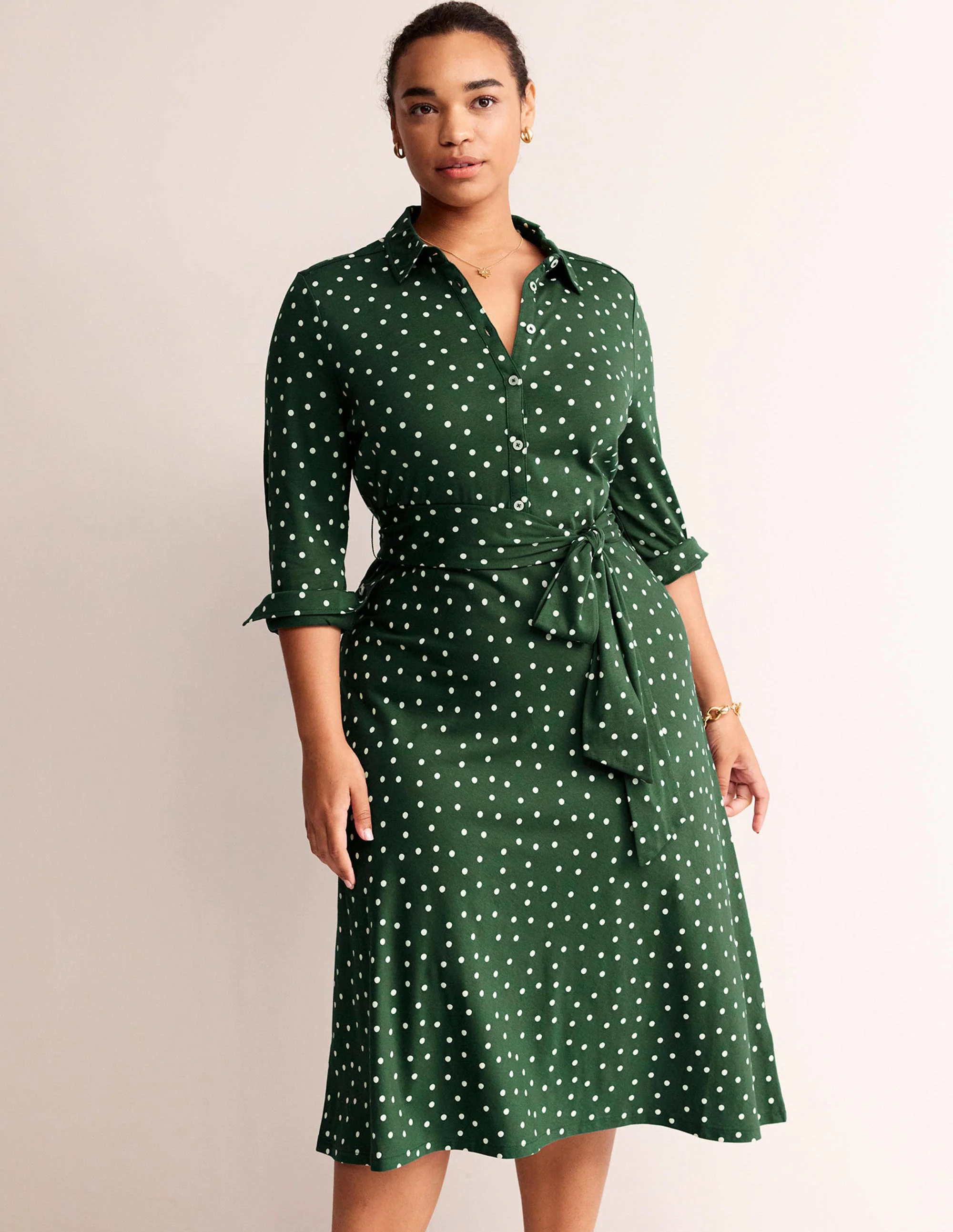 Laura Jersey Midi Shirt Dress-Emerald Night, Spaced Dot - Image 7