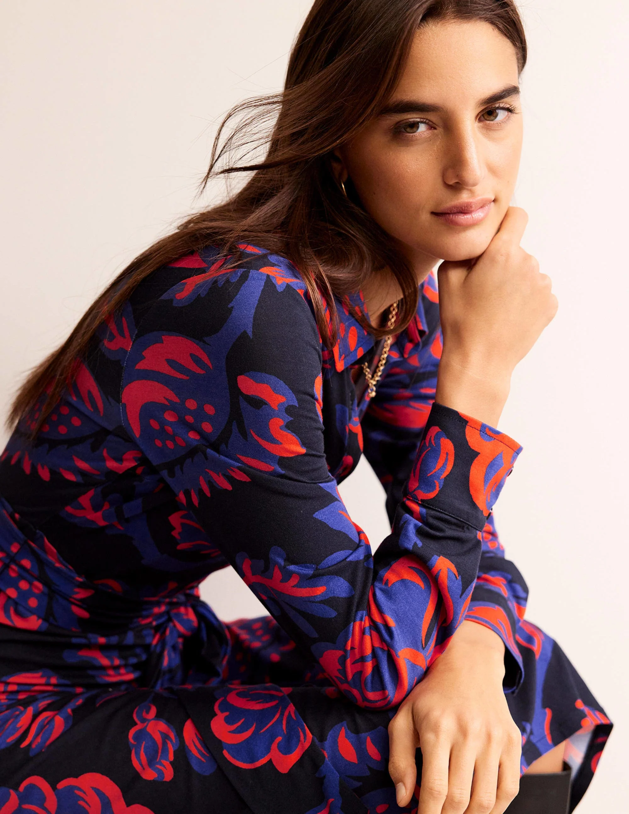 Laura Jersey Midi Shirt Dress-French Navy, Rose Blush