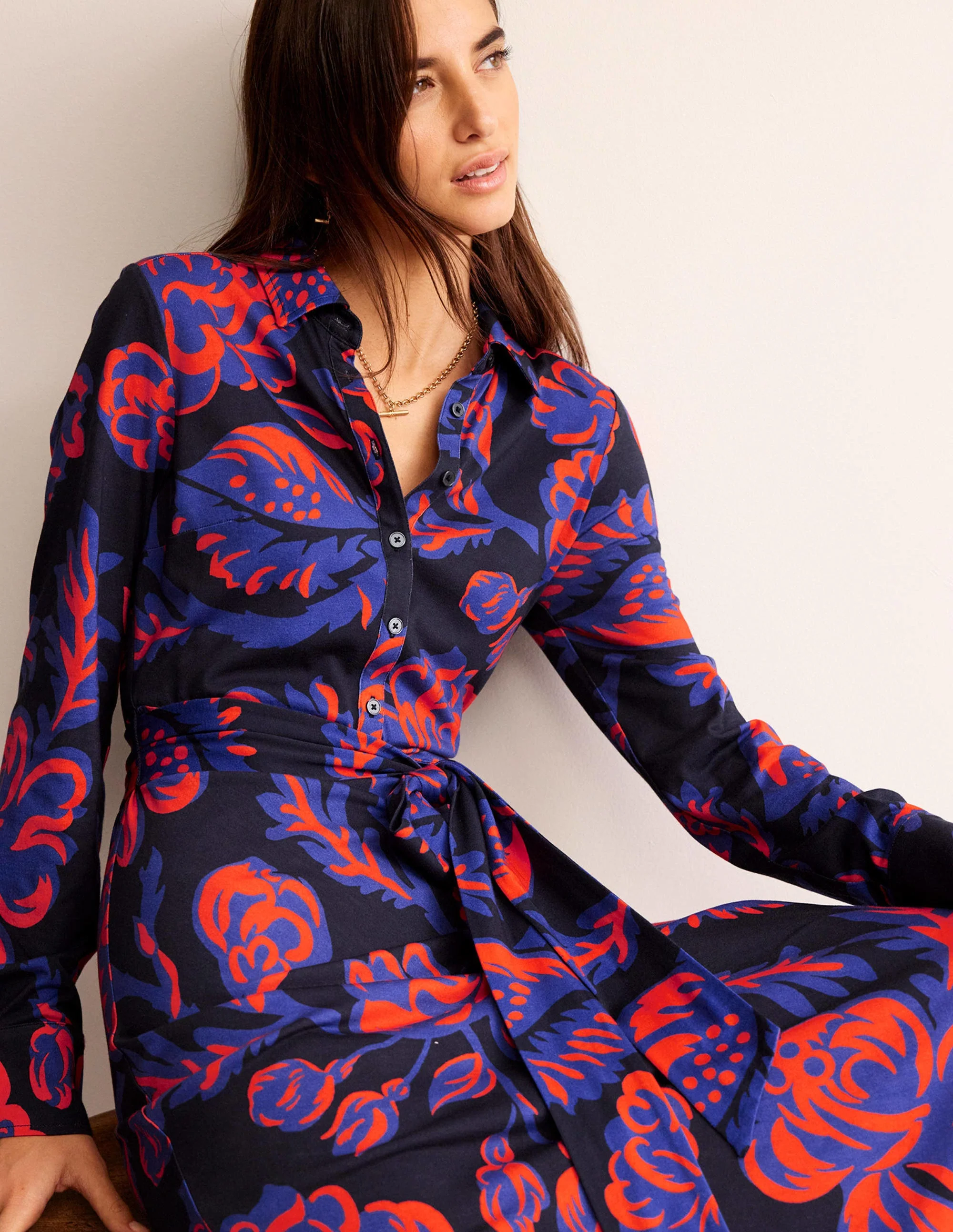Laura Jersey Midi Shirt Dress-French Navy, Rose Blush - Image 4