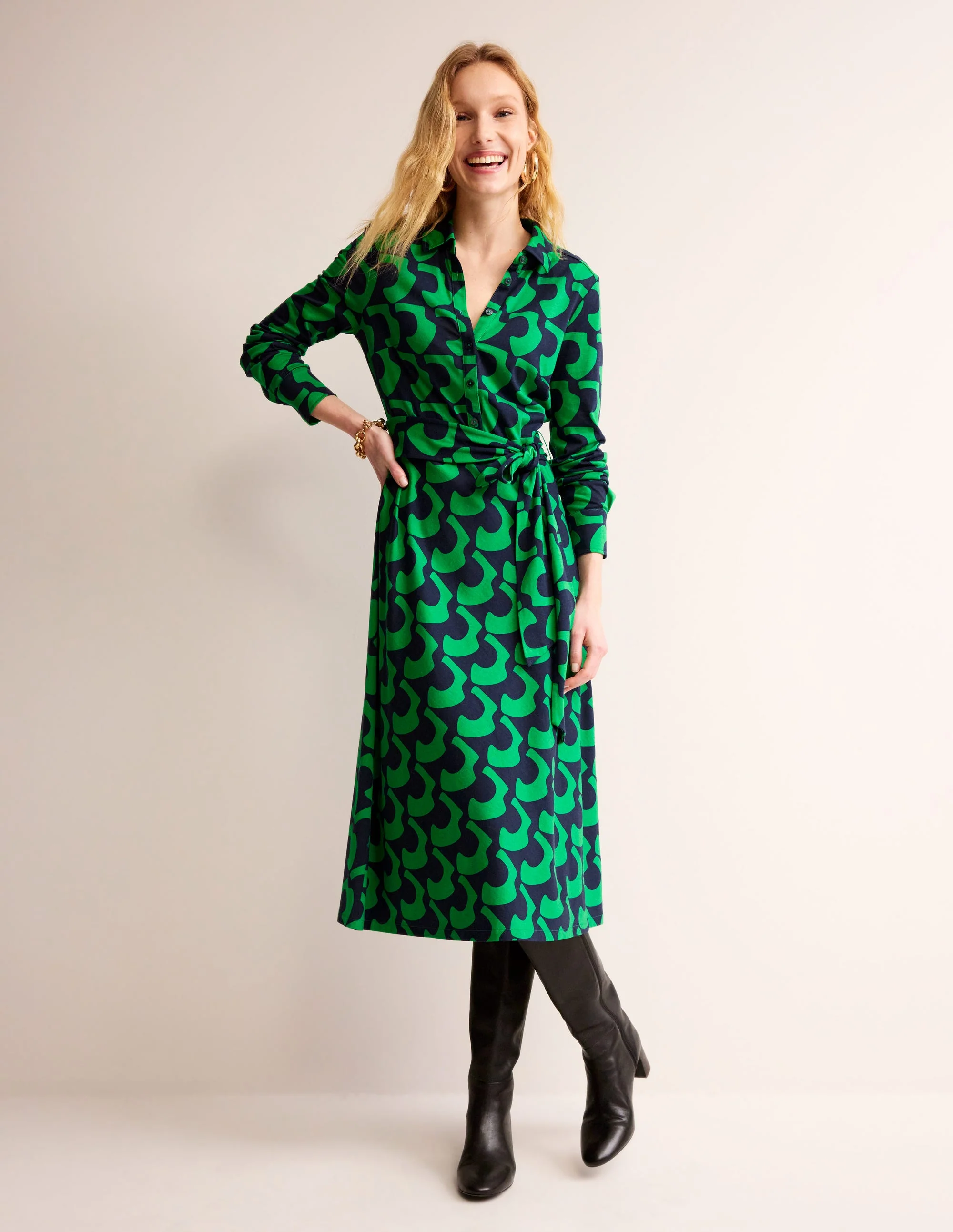 Laura Jersey Midi Shirt Dress-Green Tambourine, Arc Geo