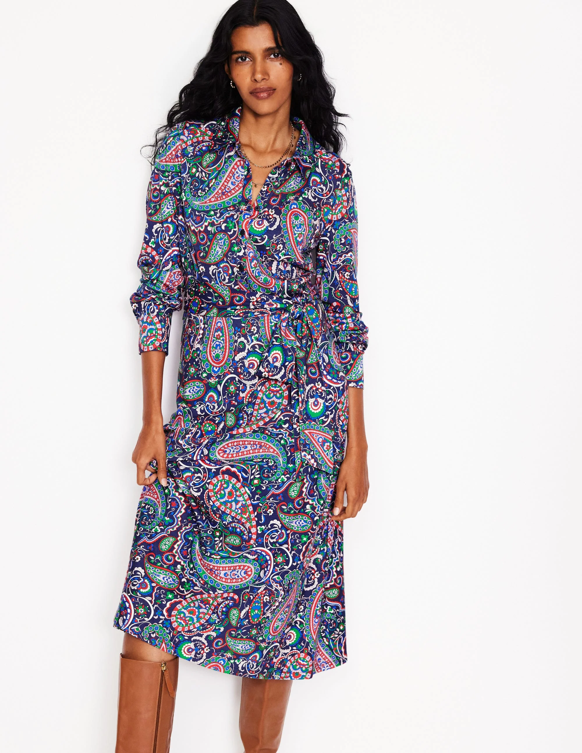 Laura Jersey Midi Shirt Dress-Navy, Paisley Paradise - Image 4