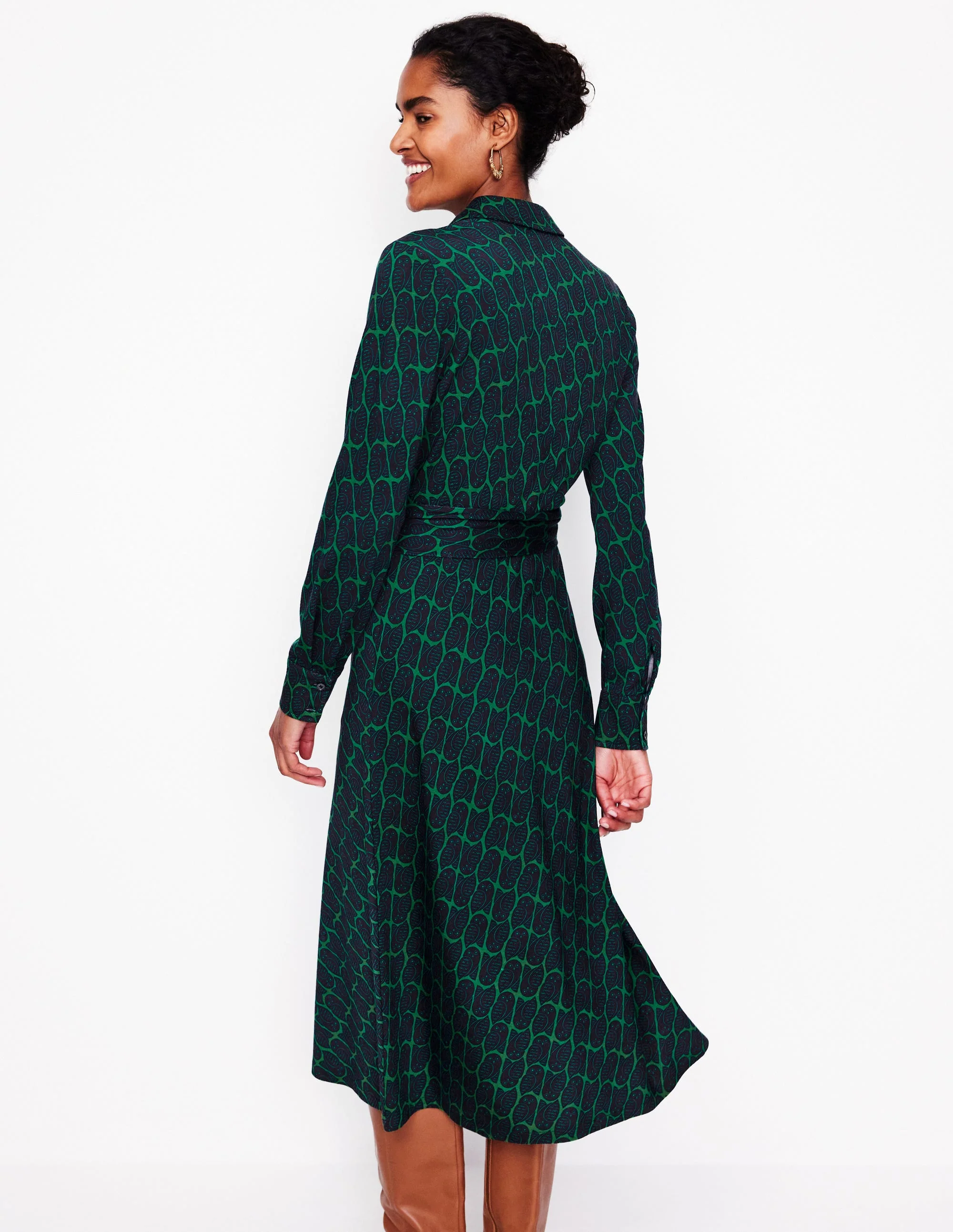 Laura Jersey Midi Shirt Dress-Rich Emerald, Owl Stamp - Image 3