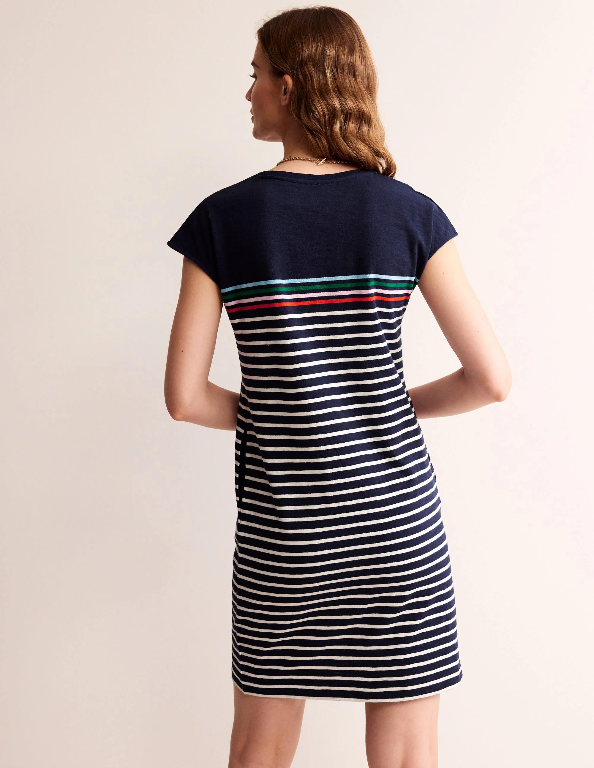 Leah Jersey T-shirt Dress-Navy, Ivory Multistripe - Image 3