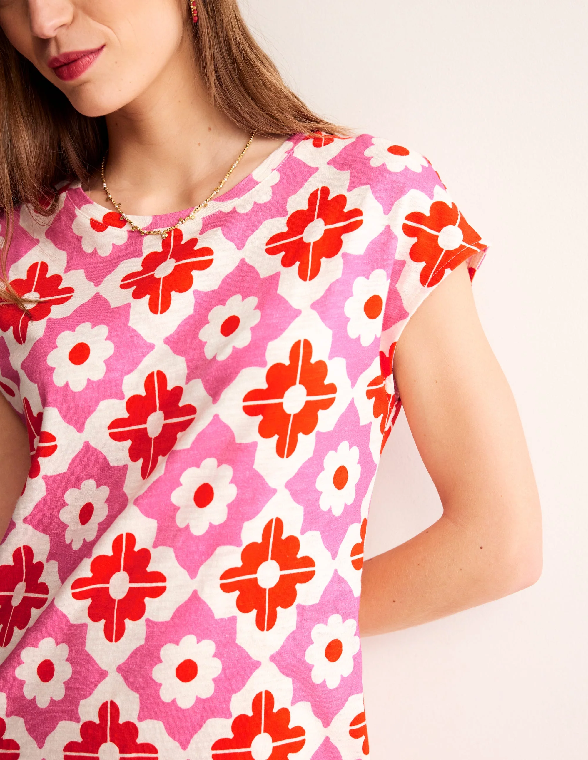 Leah Jersey T-shirt Dress-Pink Power, Geometric Stamp - Image 2