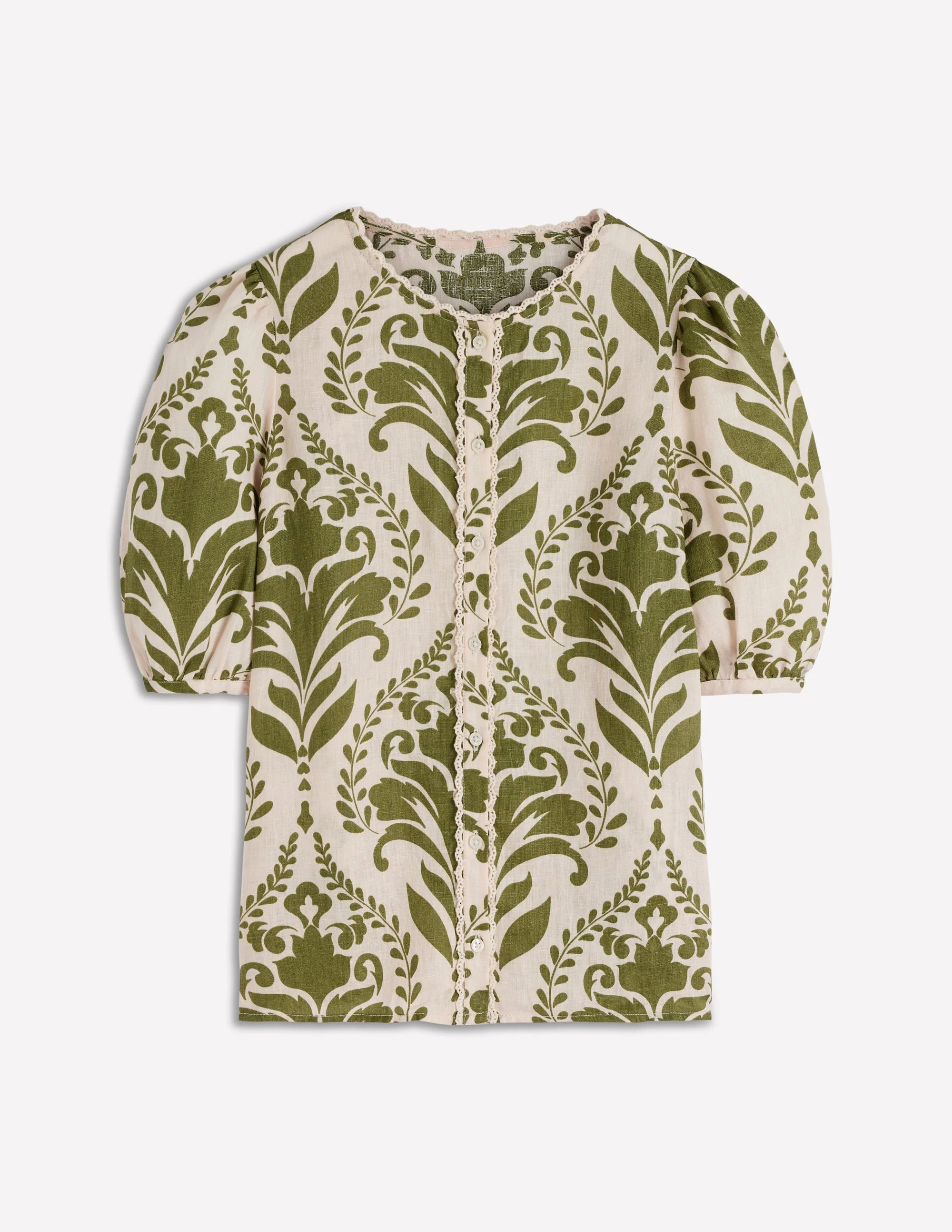 Leah Short Sleeve Linen Top-Green, Decorative Lattice - Image 6