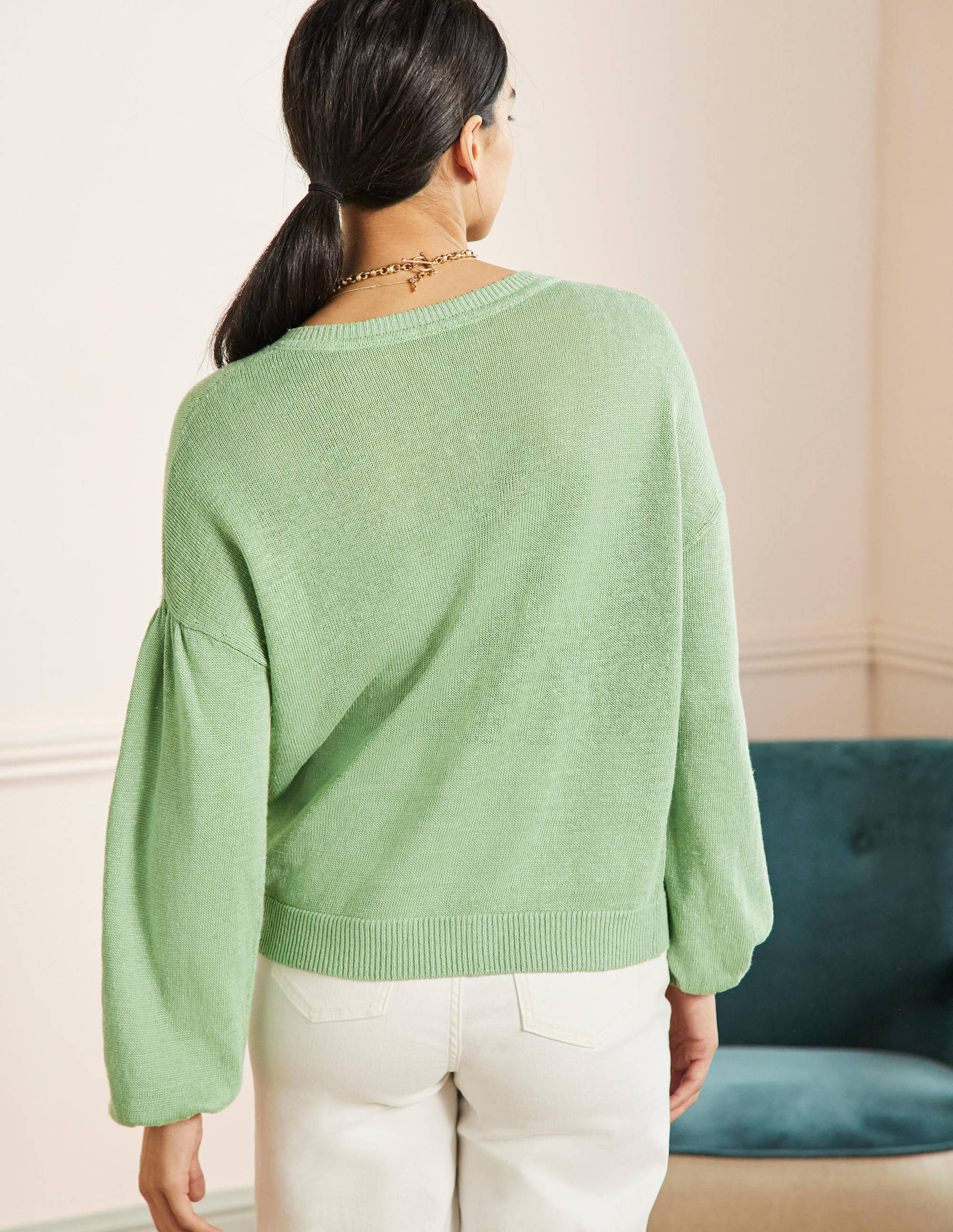 Leandra Linen Henley Sweater-Basil - Image 3