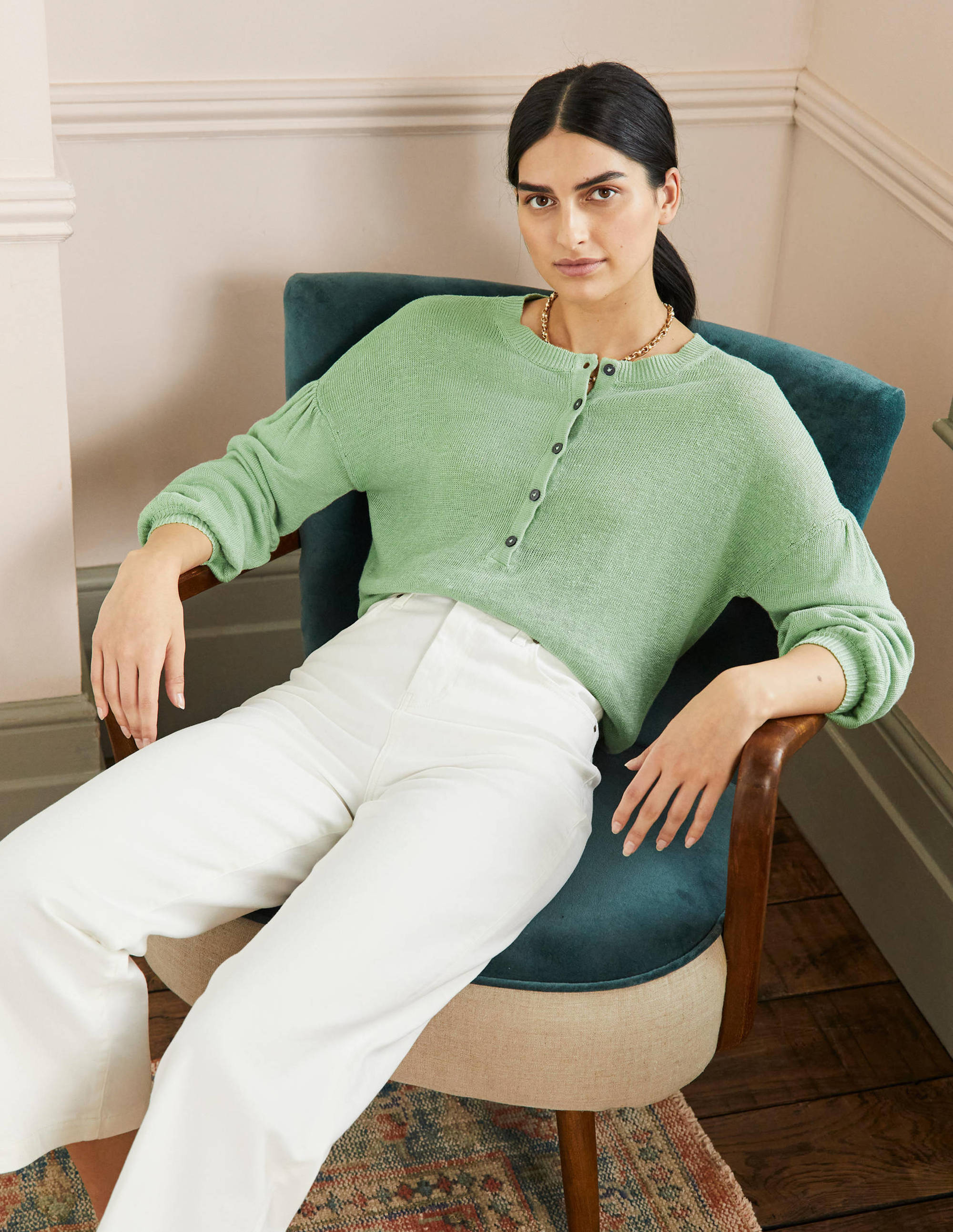 Leandra Linen Henley Sweater-Basil - Image 4