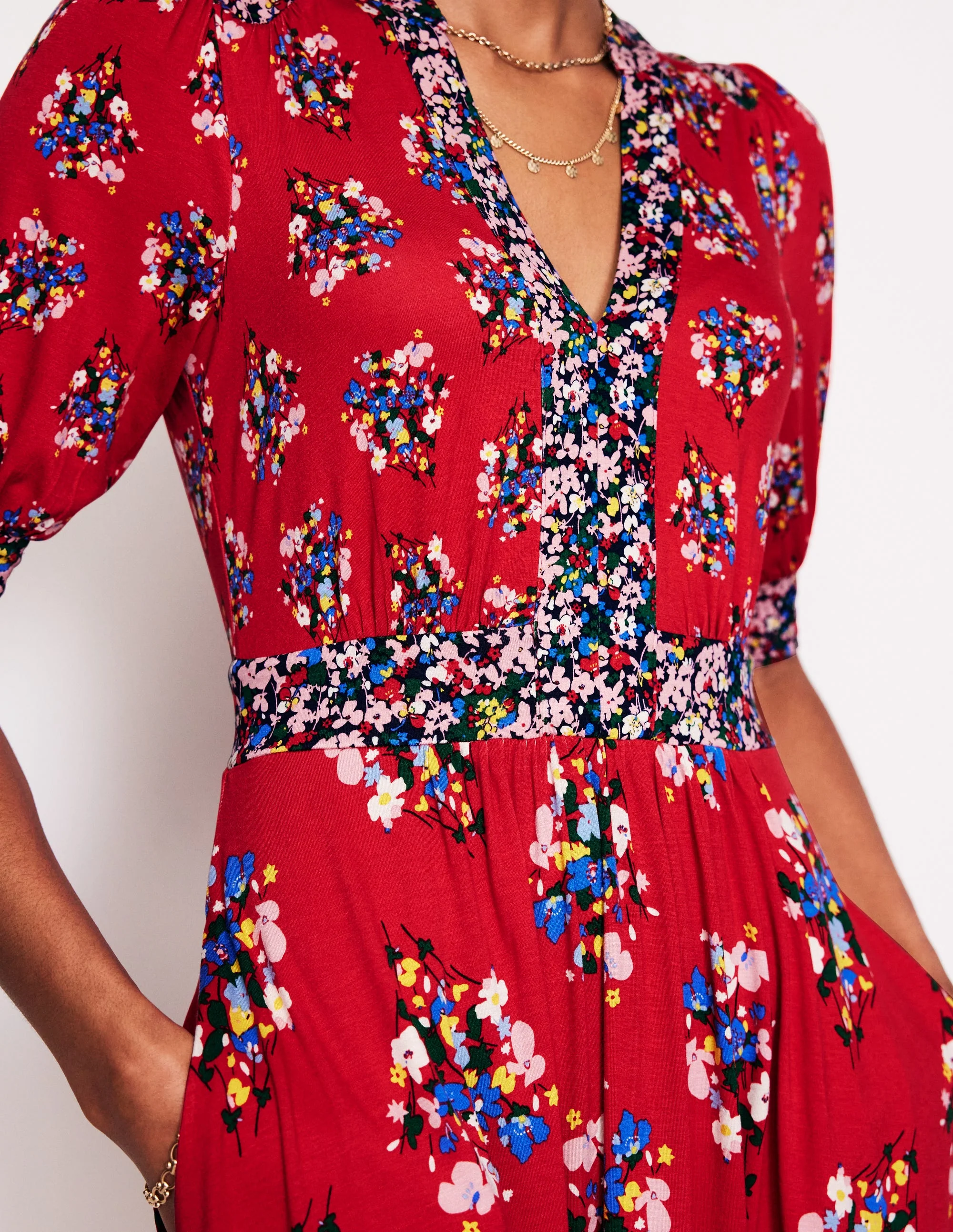 Lily Jersey Midi Tea Dress-Bright Ruby, Poppy Bouquet - Image 2