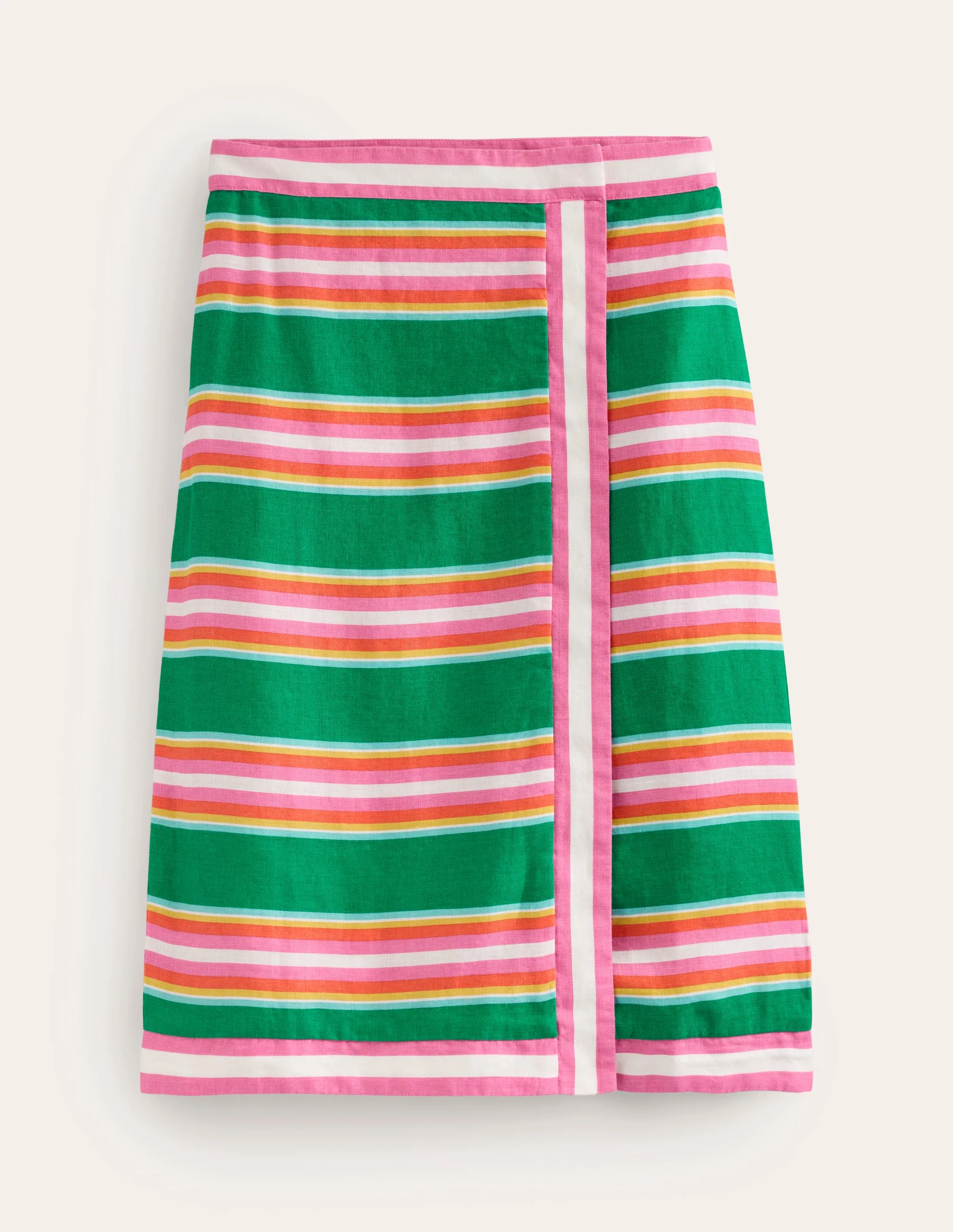 Linen Border Wrap Skirt-Green Tambourine, Pink Stripe - Image 5