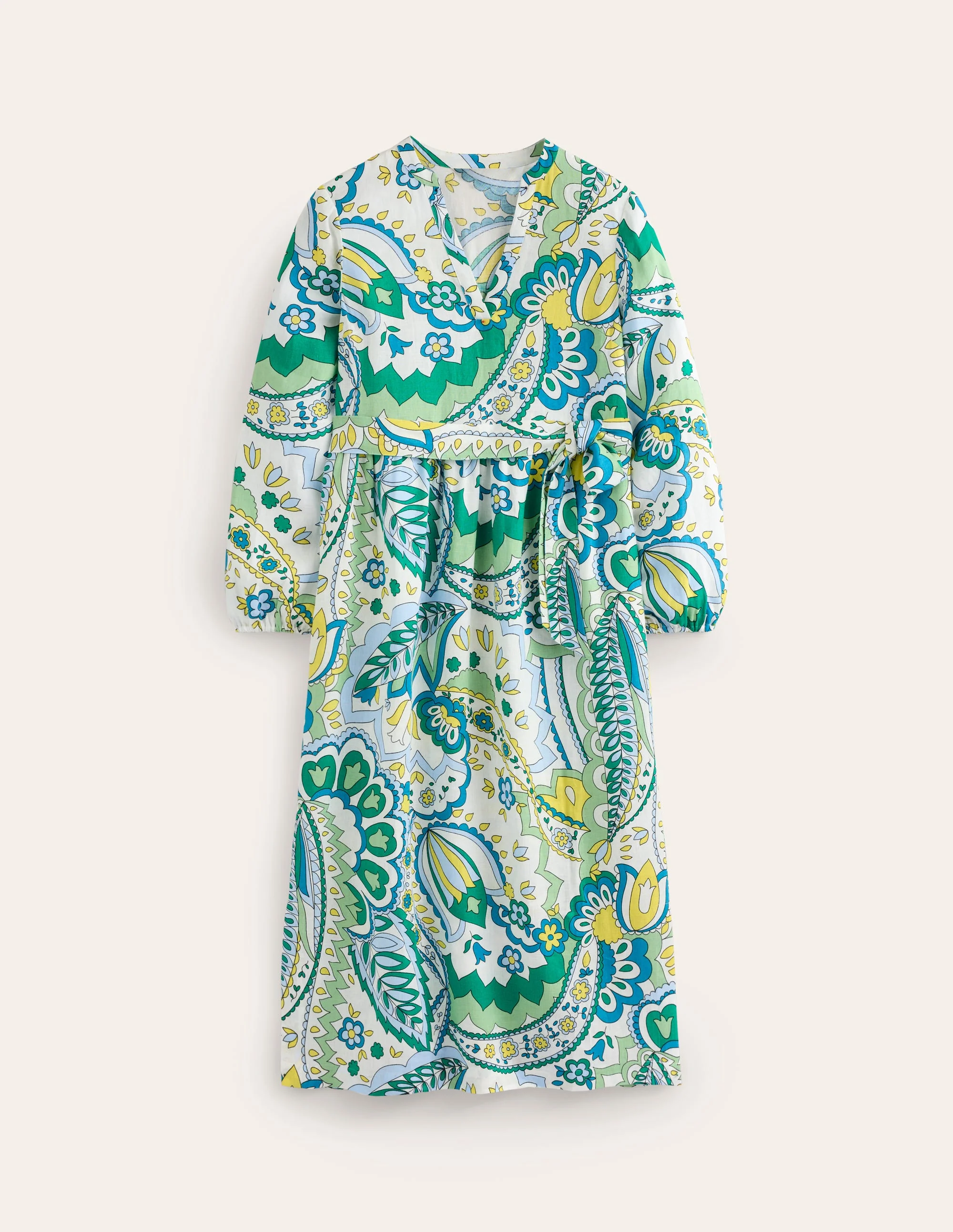 Linen Maxi Notch Neck Dress-Emerald, Foliage Paisley - Image 6