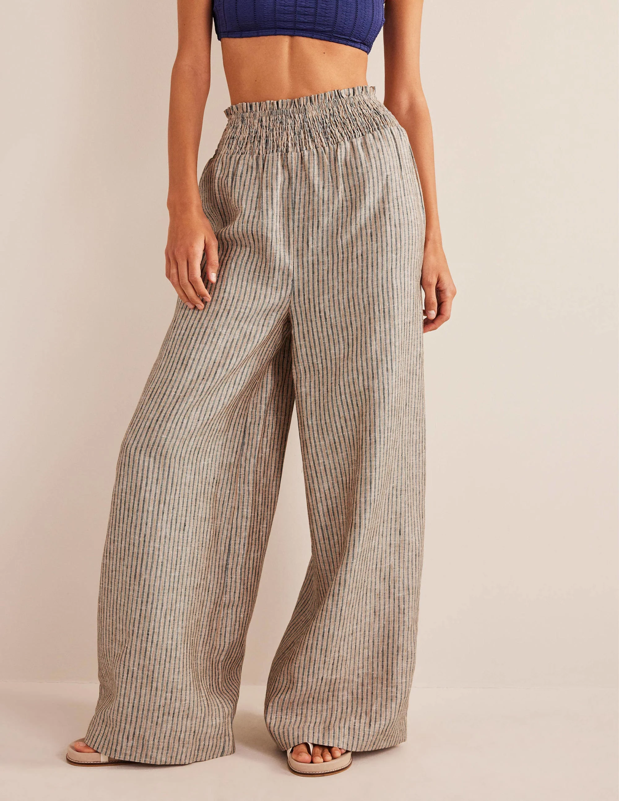 Linen Shirred Waist Pants-Camel and Black Lurex Stripe - Image 4