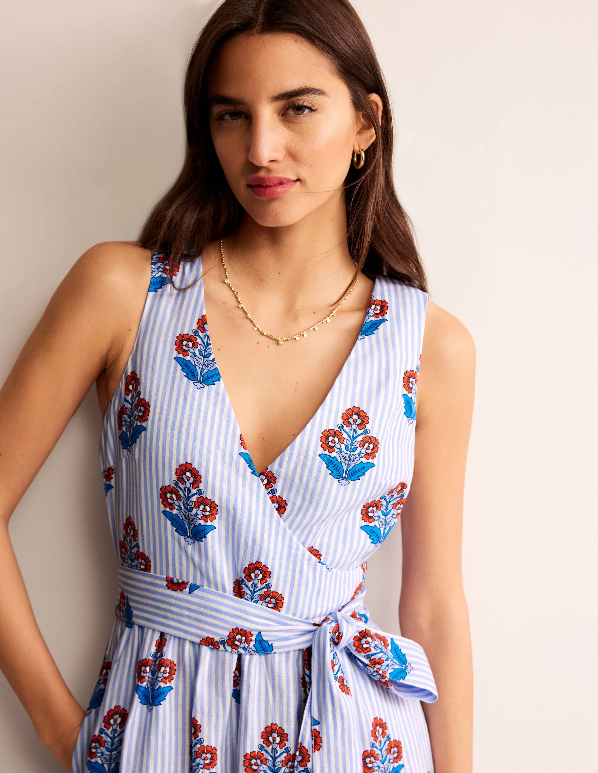 Linen Wrap Midi Dress-Mandarin Orange, Floret Stem - Image 3