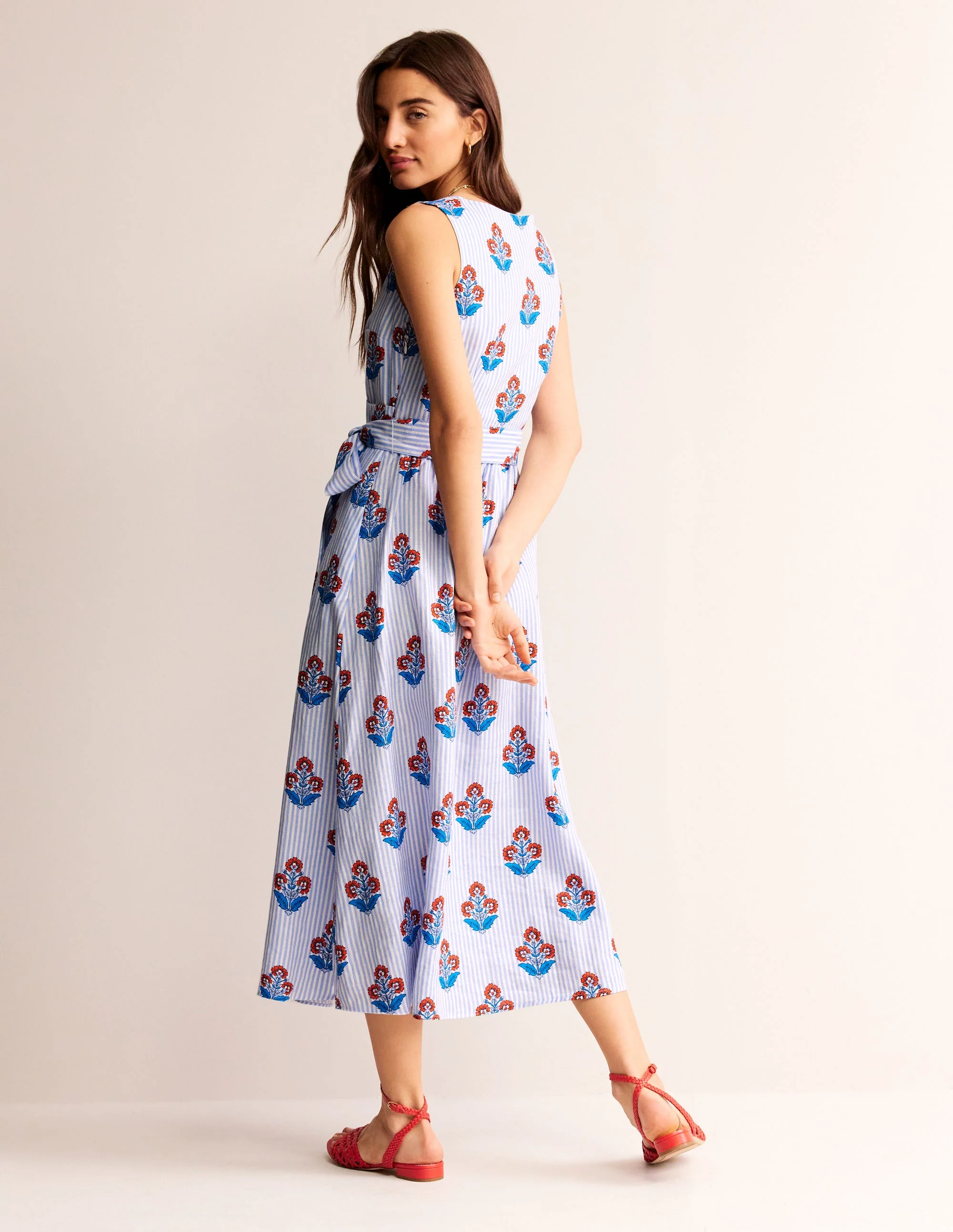 Linen Wrap Midi Dress-Mandarin Orange, Floret Stem - Image 4