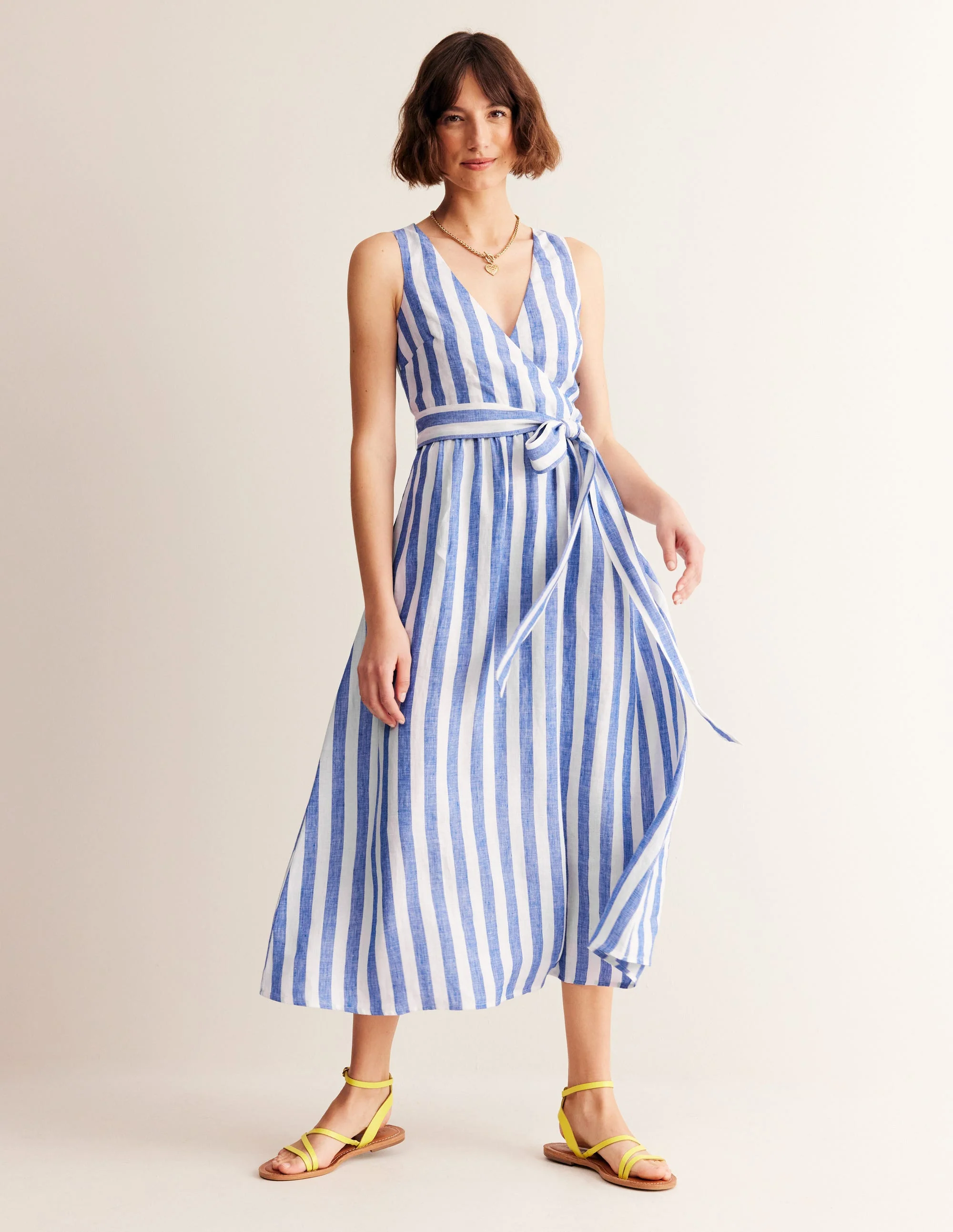 Linen Wrap Midi Dress-Surf The Web and Ivory - Image 4