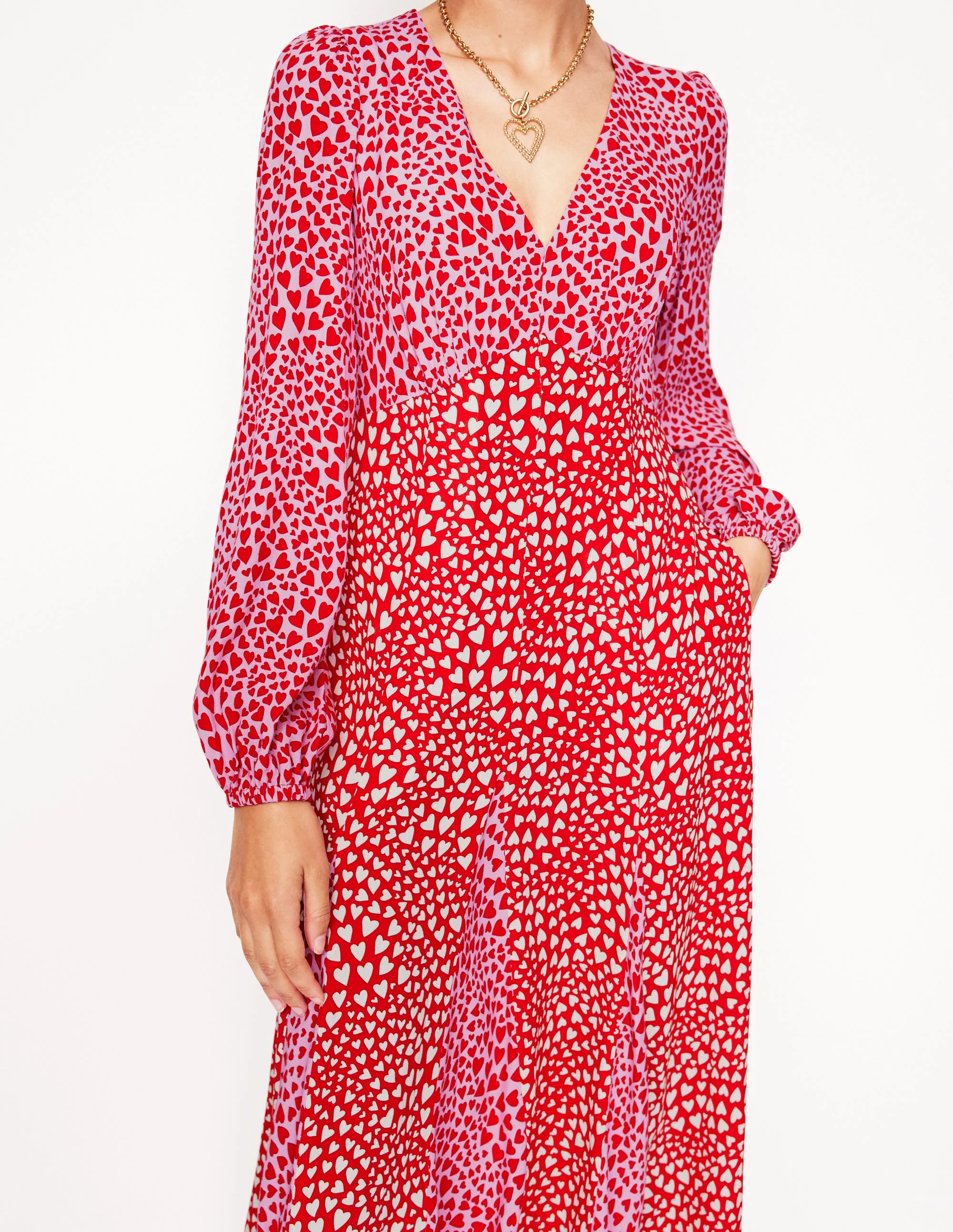 Lisa Long Sleeve Tea Dress-Pink, Heart Cluster - Image 3