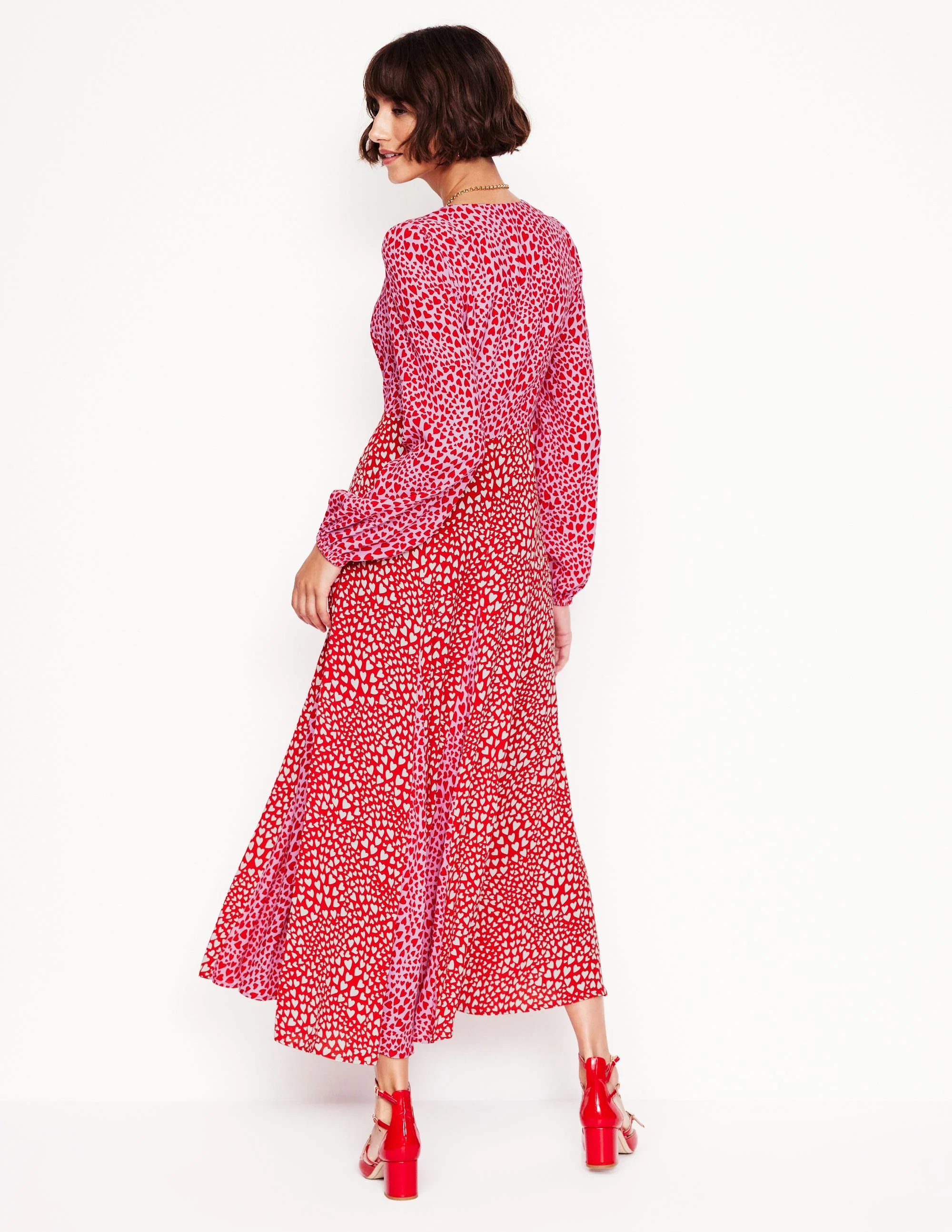 Lisa Long Sleeve Tea Dress-Pink, Heart Cluster - Image 4