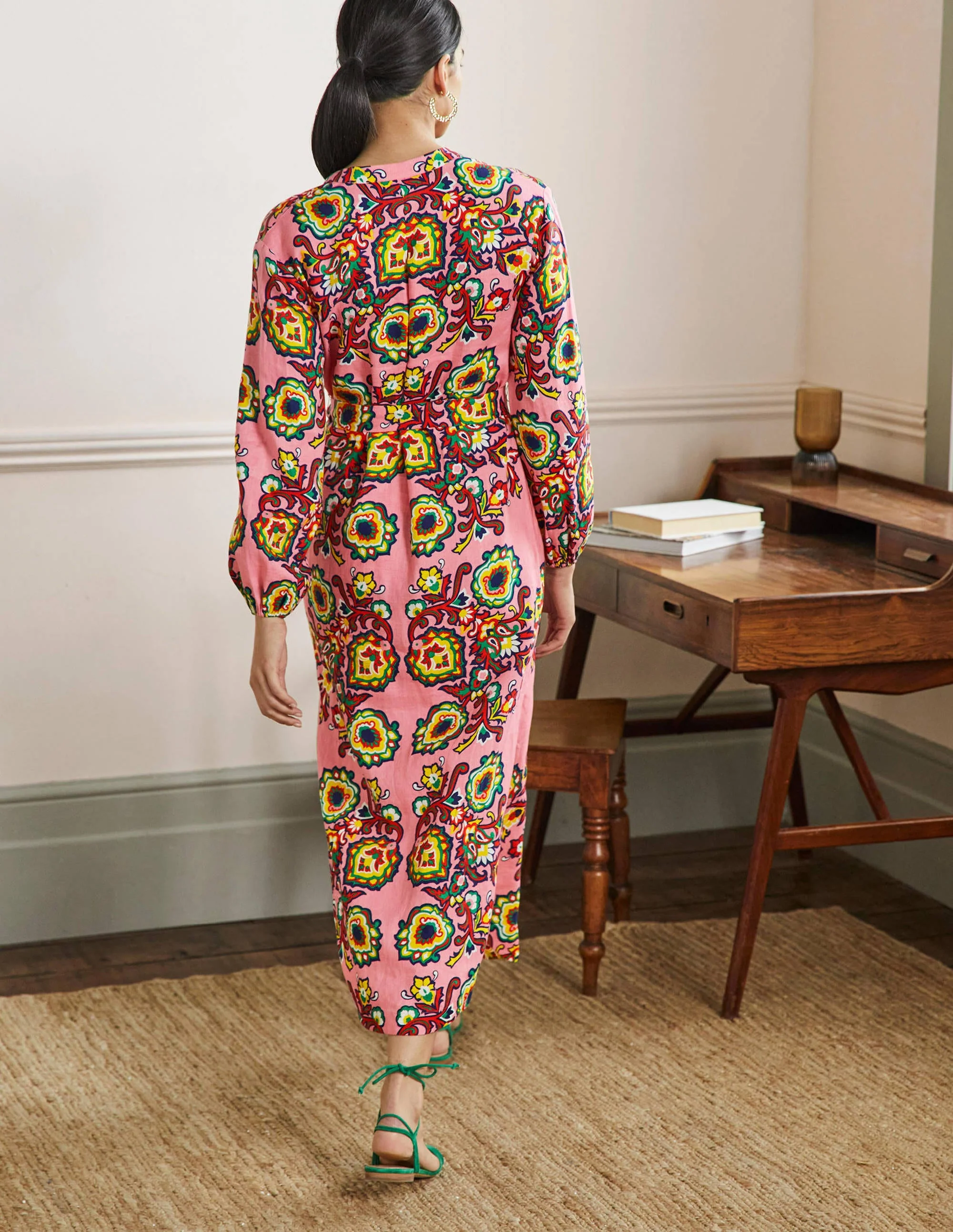 Long Sleeve Linen Maxi Dress-Azalea, Decorative Blooms - Image 3
