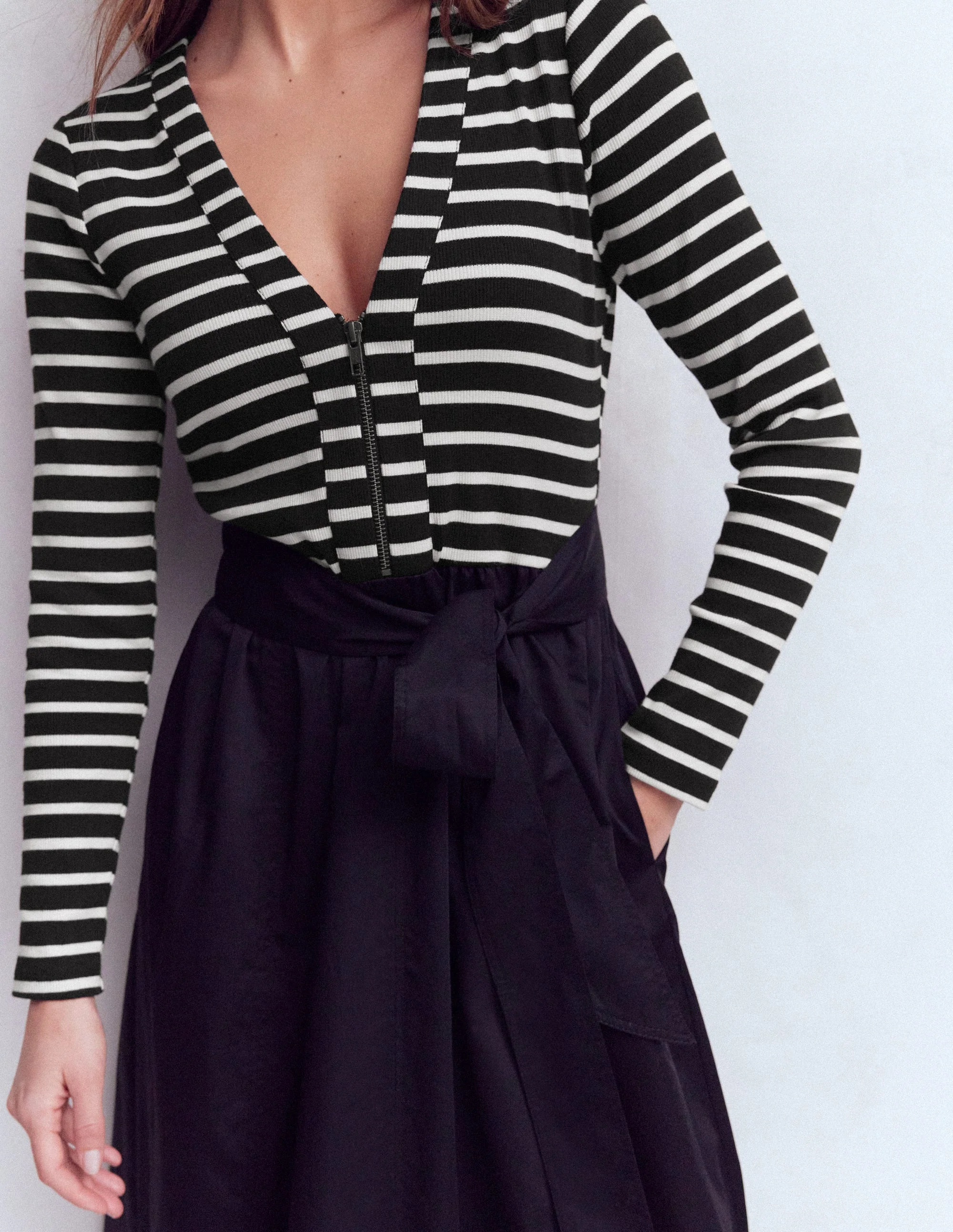 Long Sleeve Mix Media Dress-Black Stripe - Image 2