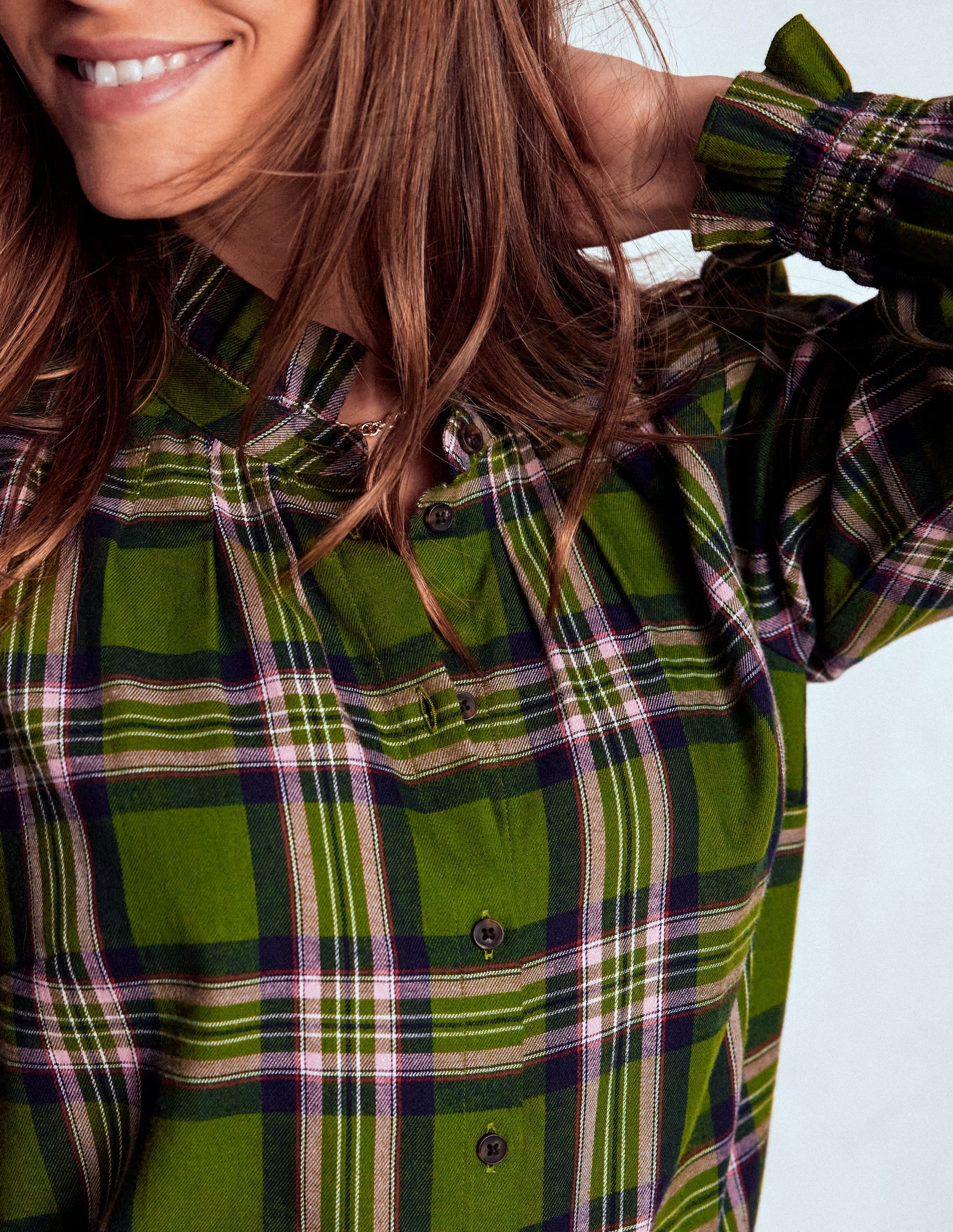 Lorna Brushed Cotton Top-Green, Navy & Pink Check - Image 3