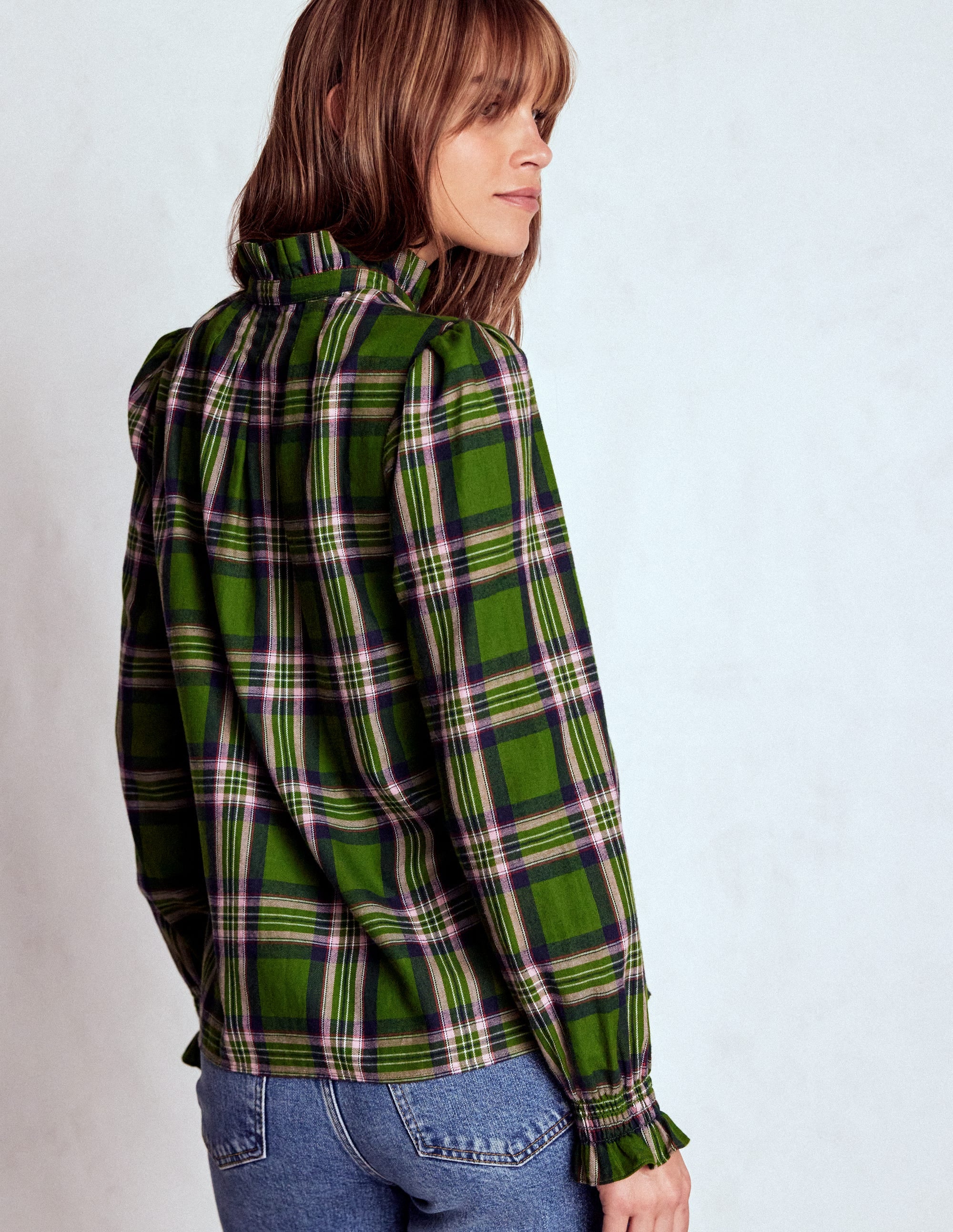 Lorna Brushed Cotton Top-Green, Navy & Pink Check - Image 4