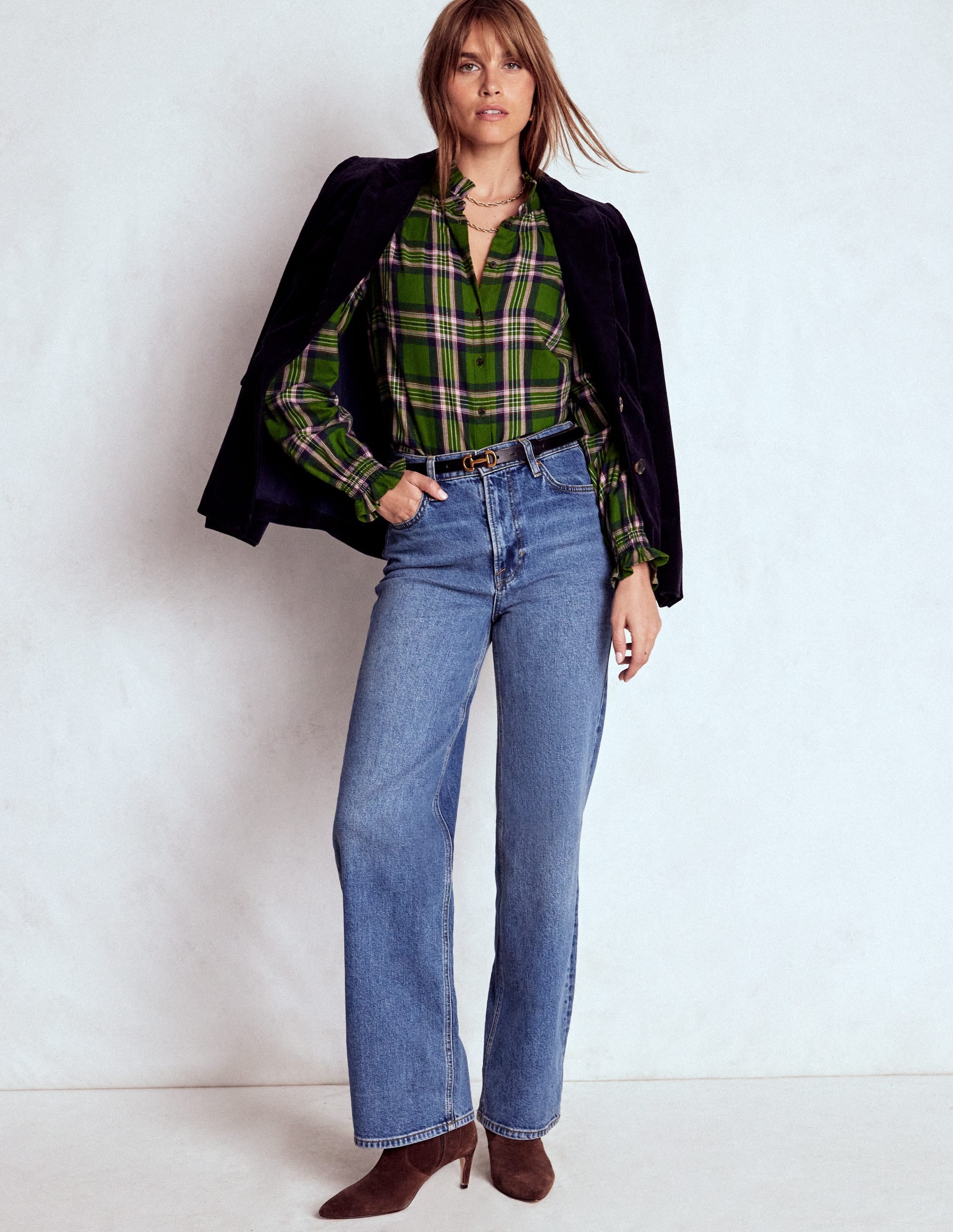 Lorna Brushed Cotton Top-Green, Navy & Pink Check - Image 5
