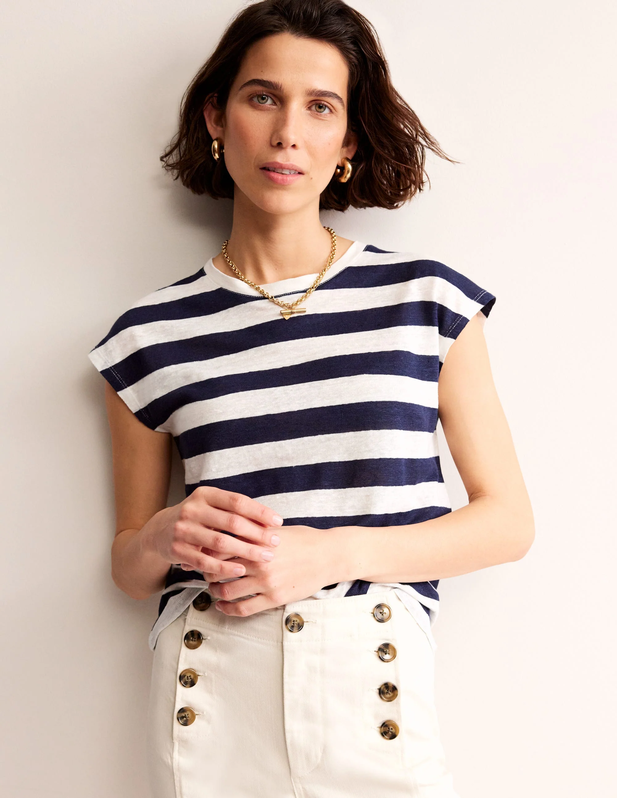 Louisa Crew Neck Linen T-shirt-Navy, Ivory Stripe - Image 2