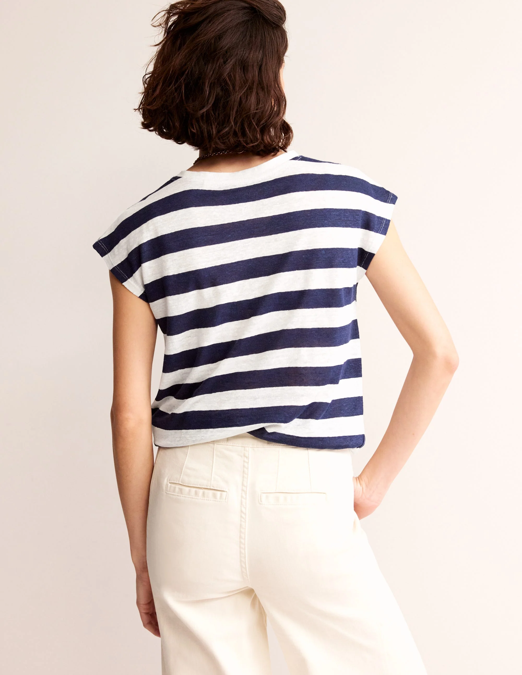 Louisa Crew Neck Linen T-shirt-Navy, Ivory Stripe - Image 3