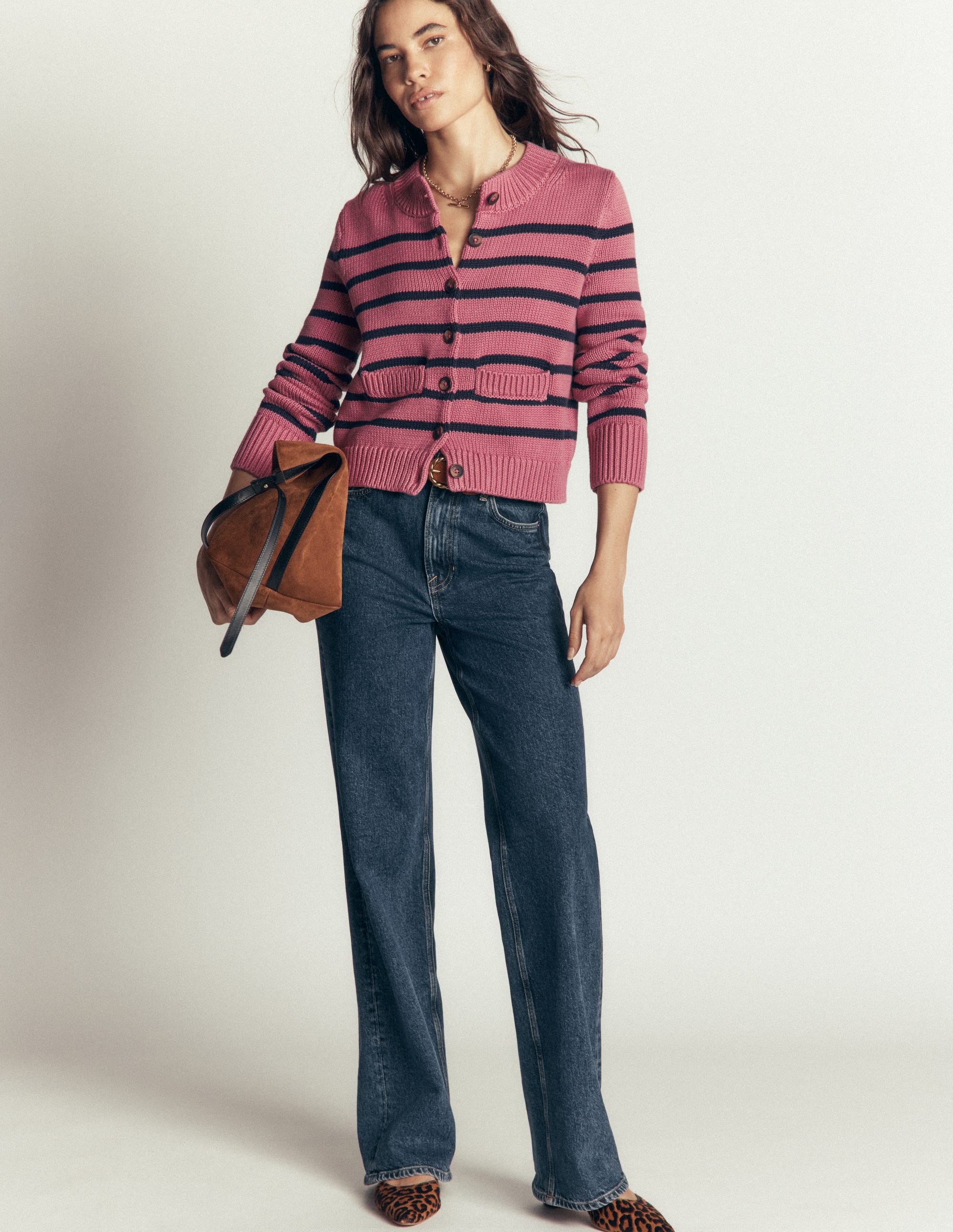 Lucy Chunky Cotton Cardigan-heather rose, navy stripe - Image 4