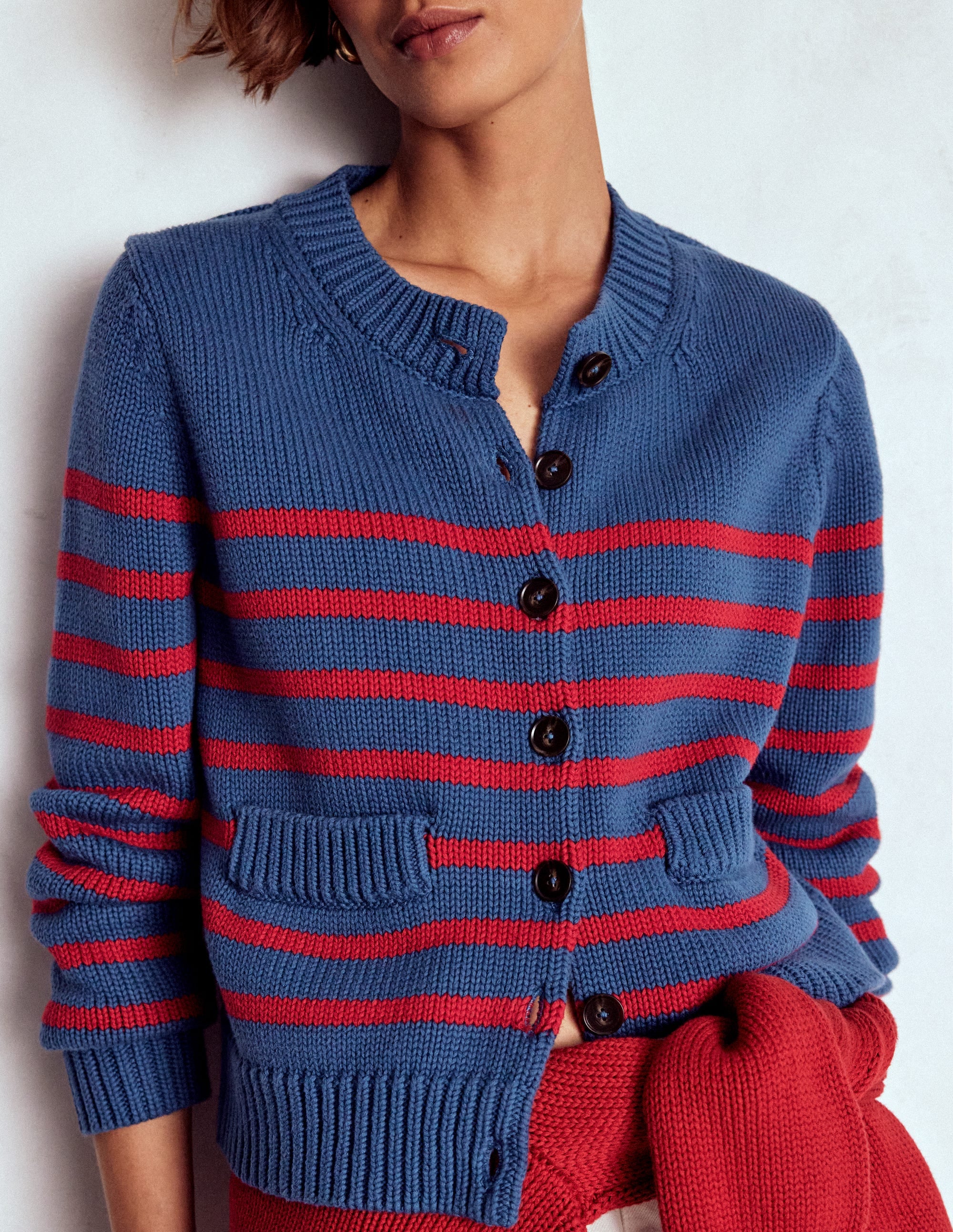 Lucy Chunky Cotton Cardigan-Soft Navy and Red Stripe - Image 4
