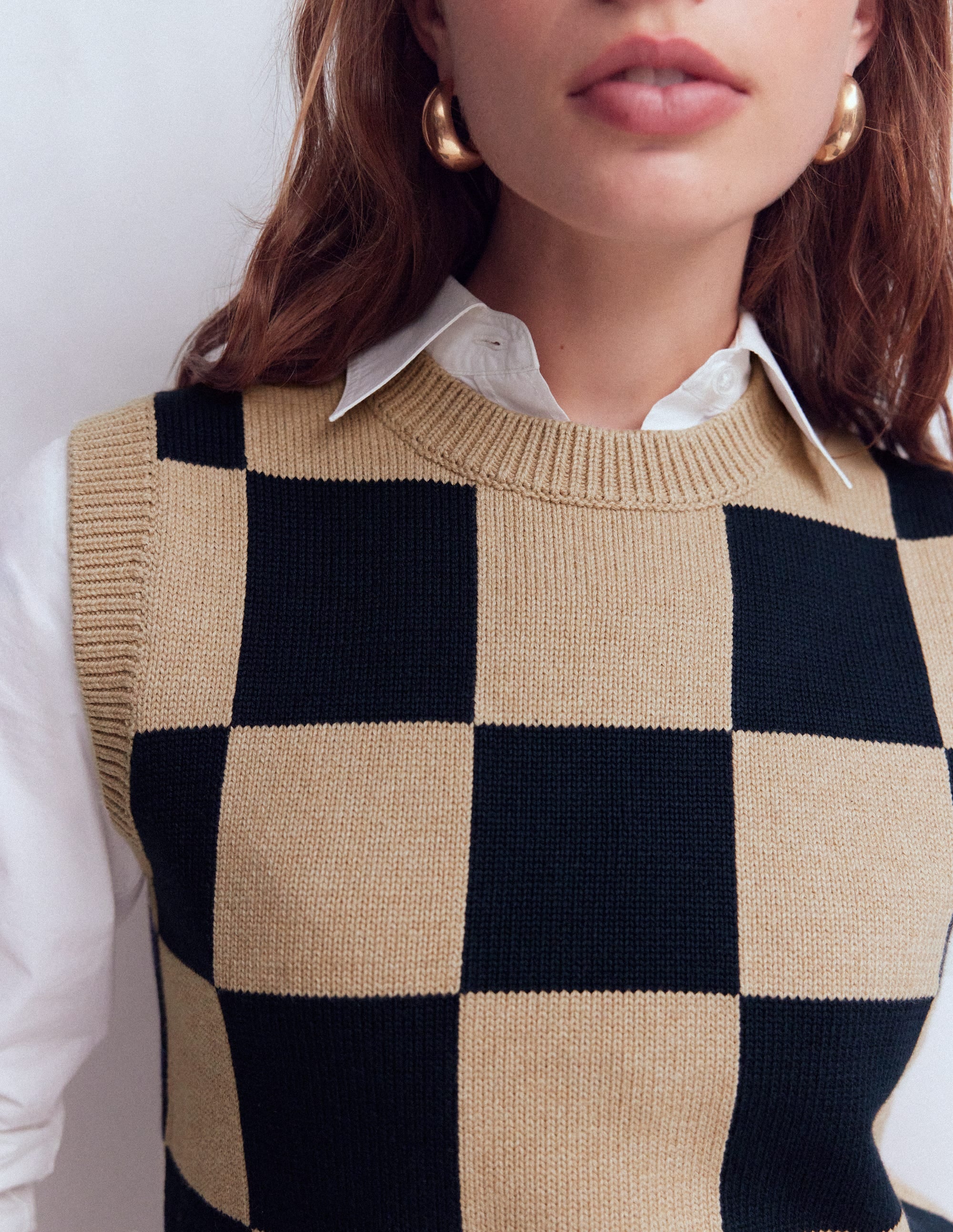 Lucy Cotton Vest-Camel / Navy Check - Image 2