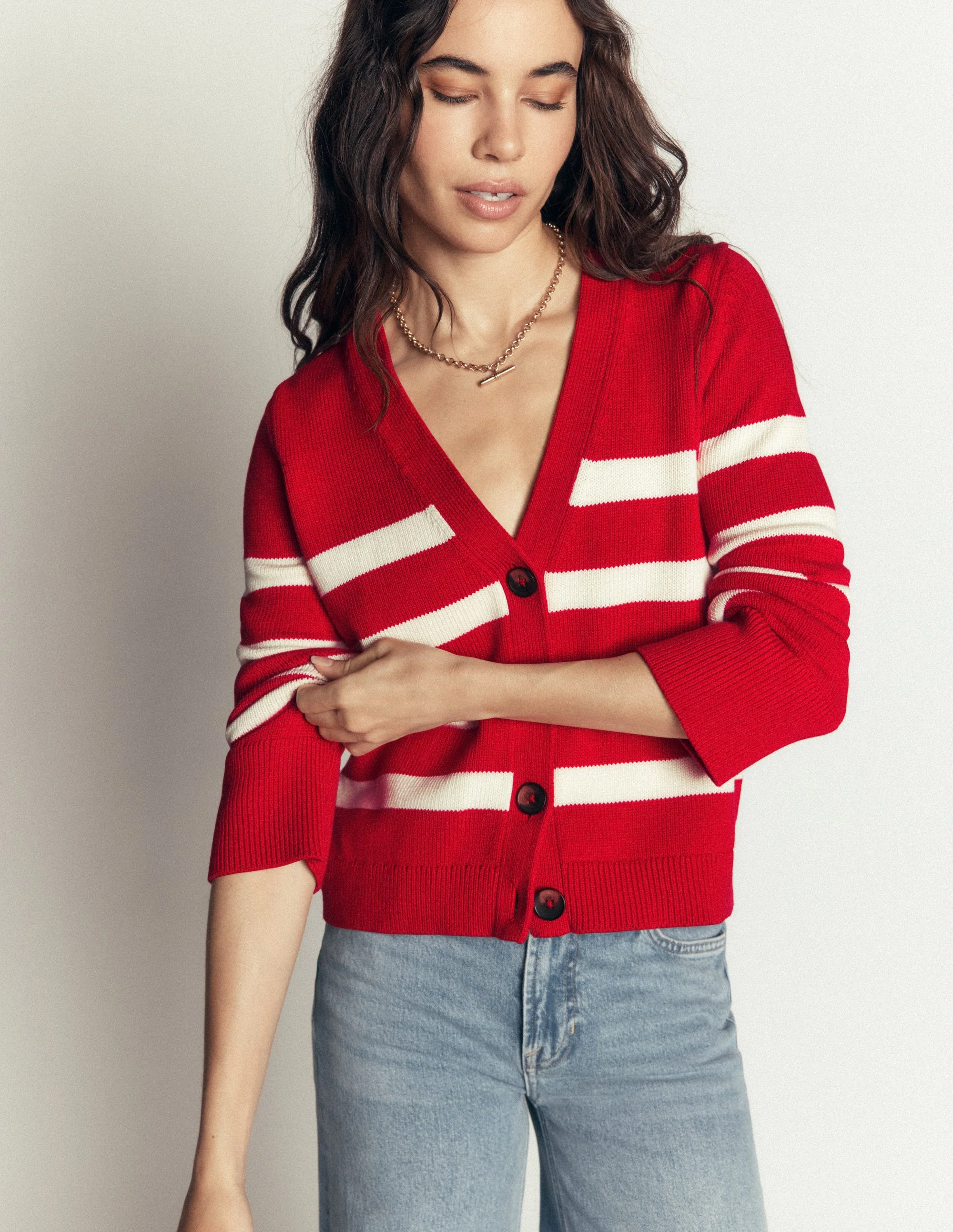 Lucy Relaxed Cotton Cardigan-Merida Red, Ivory Stripe - Image 5