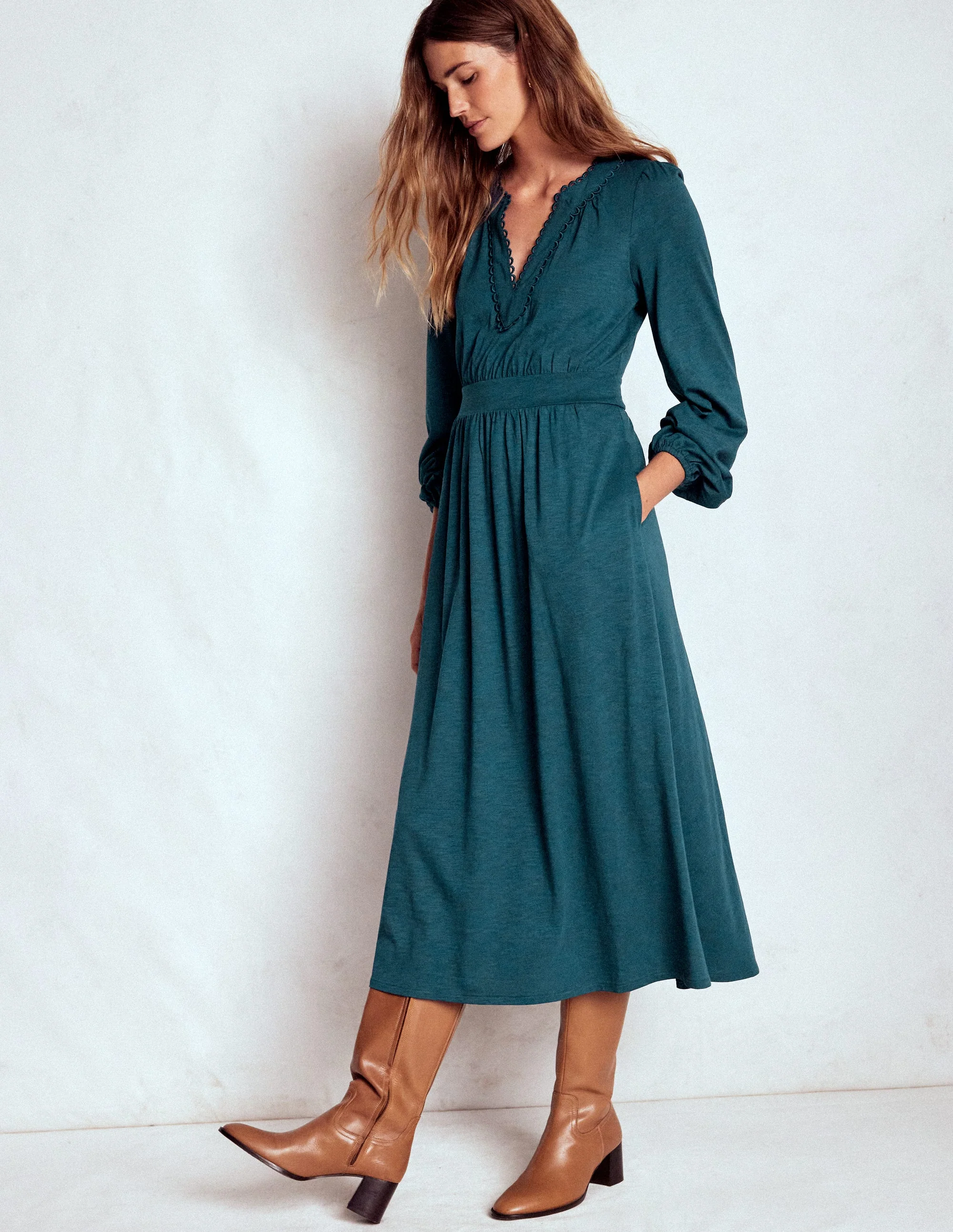 Maddie Picot Trim Midi Dress-Midnight Teal - Image 4