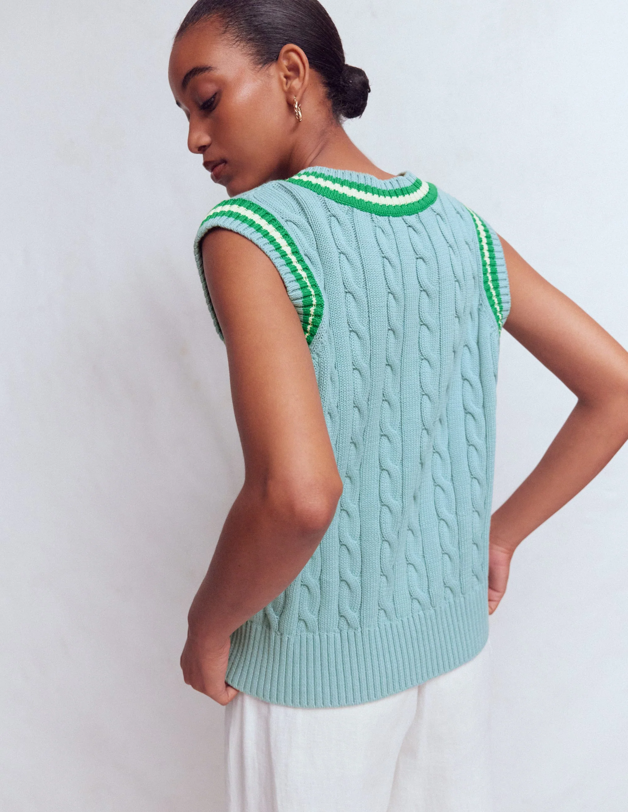Maeve Cable V Neck Tank-Blue, Green - Image 3