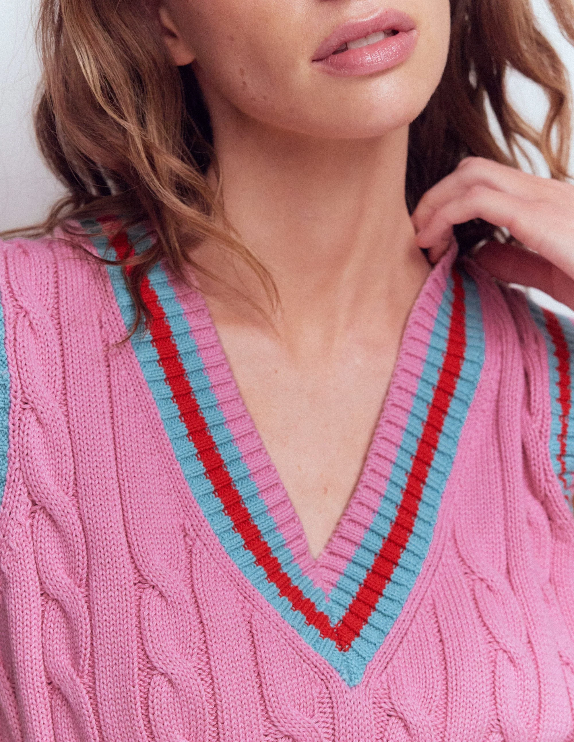 Maeve Cable V Neck Tank-Pink, Red - Image 2