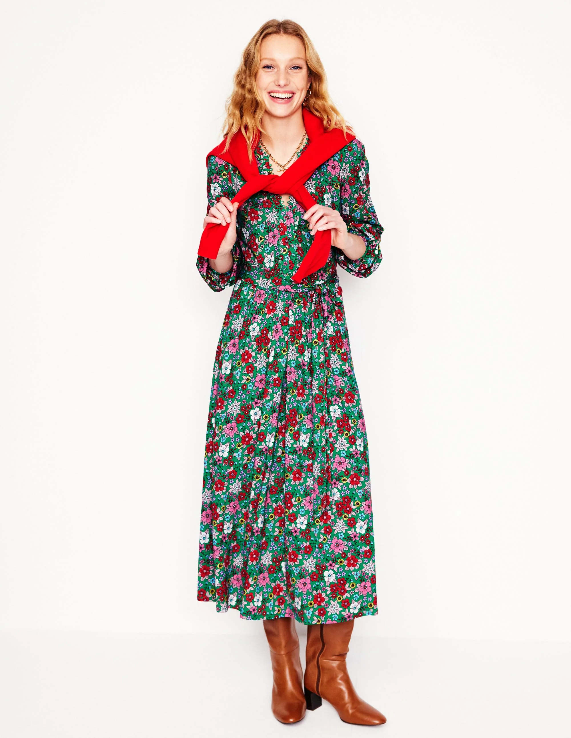 Maeve Trim Jersey Midi Dress-Rich Emerald, Blossom Scatter - Image 4