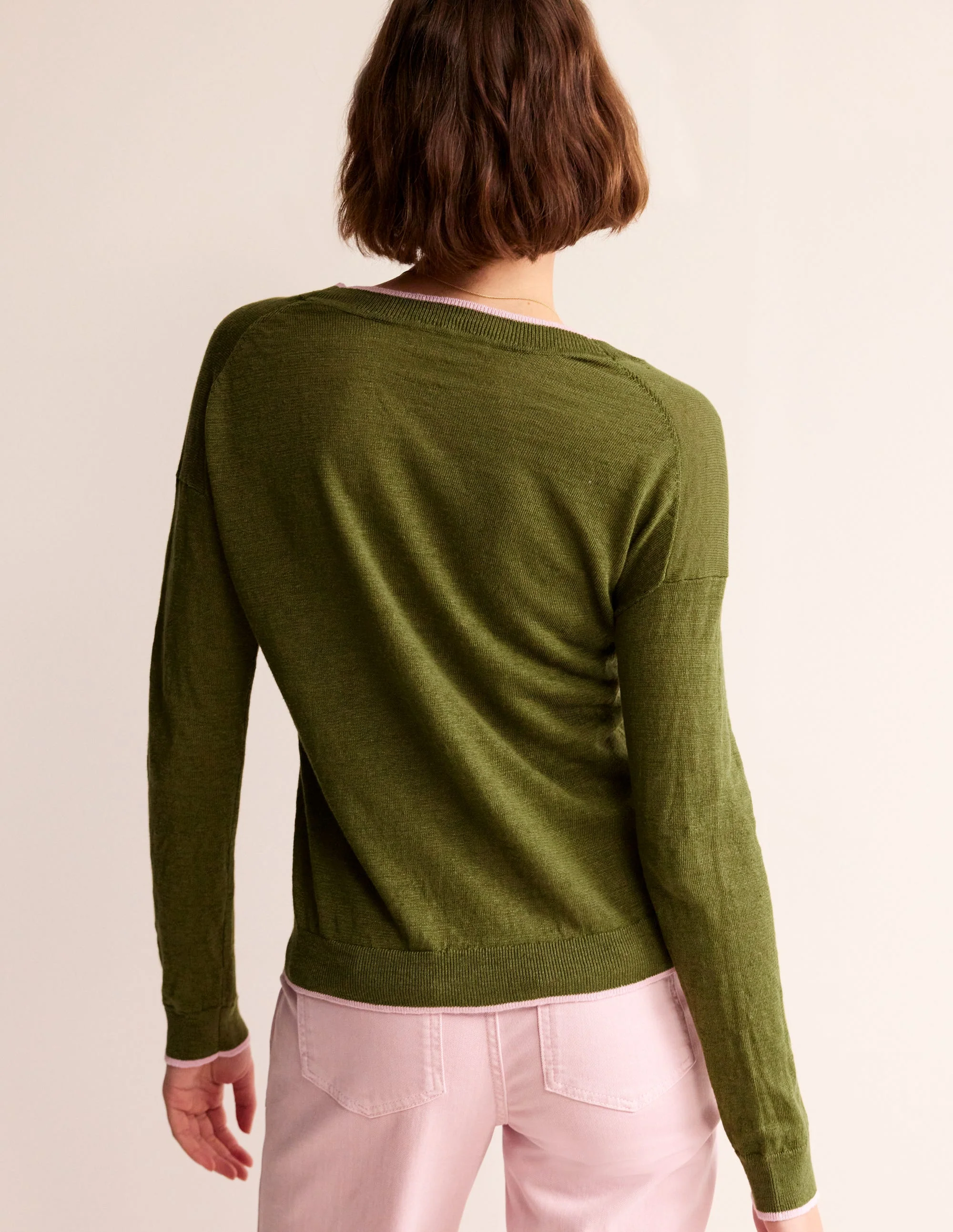 Maggie V-Neck Linen Cardigan-Spruce Green - Image 3