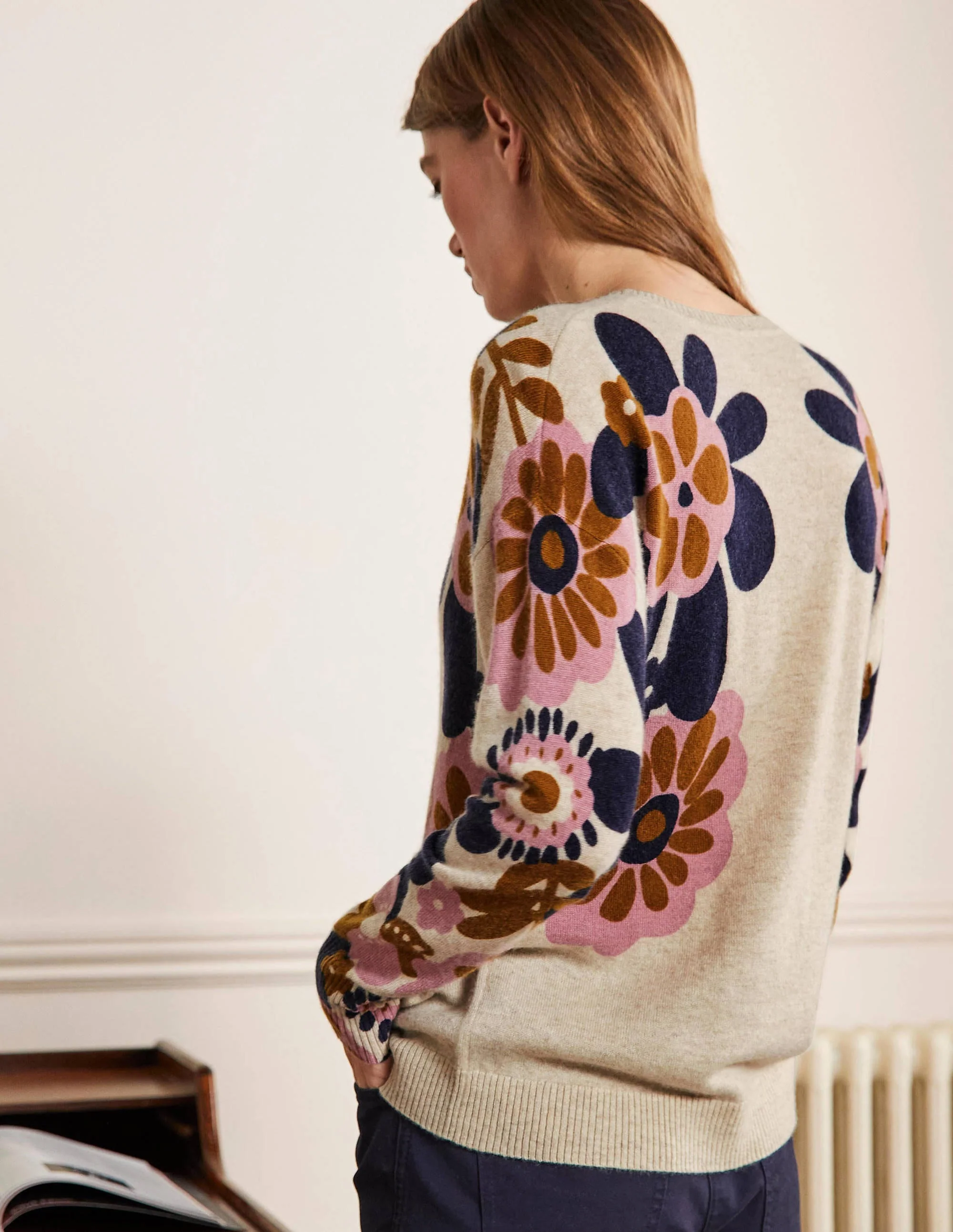 Margot Cashmere Sweater-Oatmeal Melange, Floral Bloom - Image 3