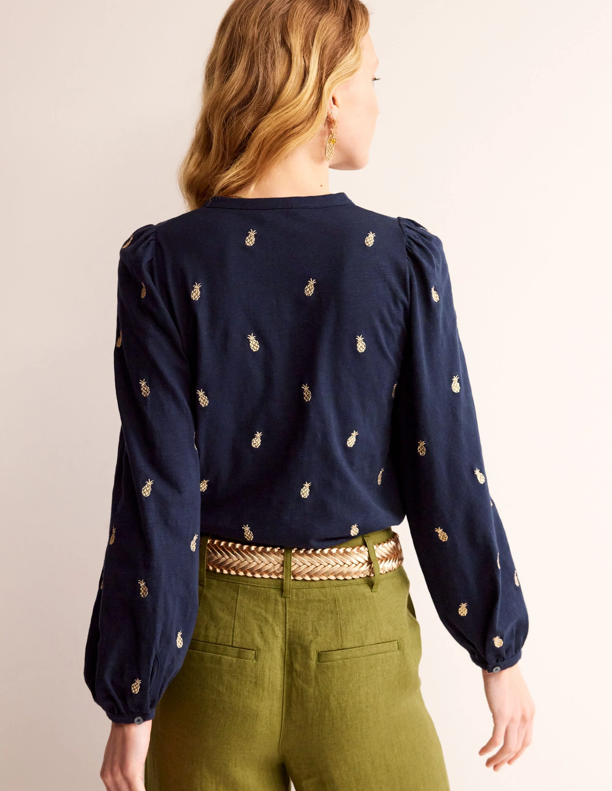 Marina Embroidered Shirt-Navy, Pineapple Embroidery - Image 3