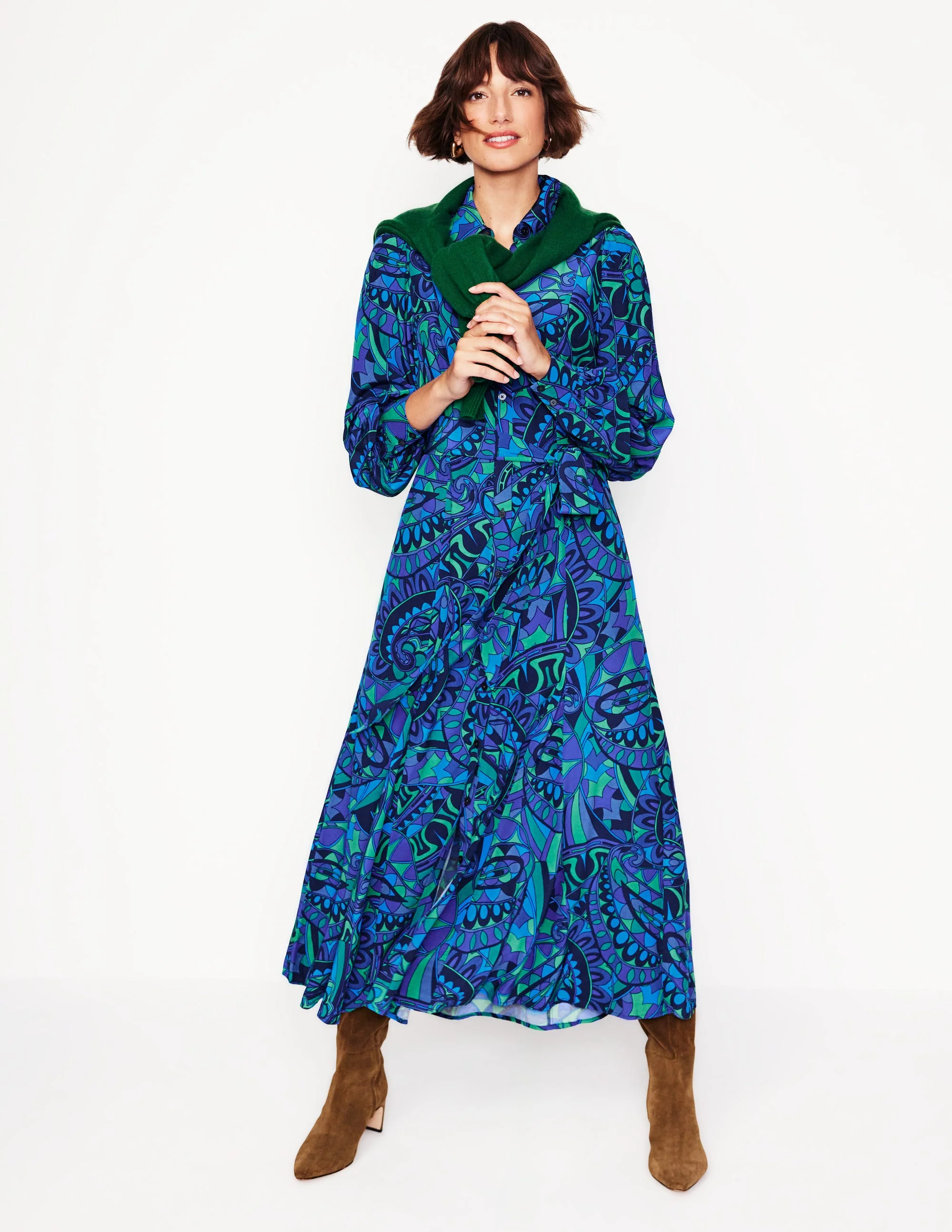 Martha Godet Maxi Shirt Dress-Blue, Kaleidoscopic Paisley - Image 5
