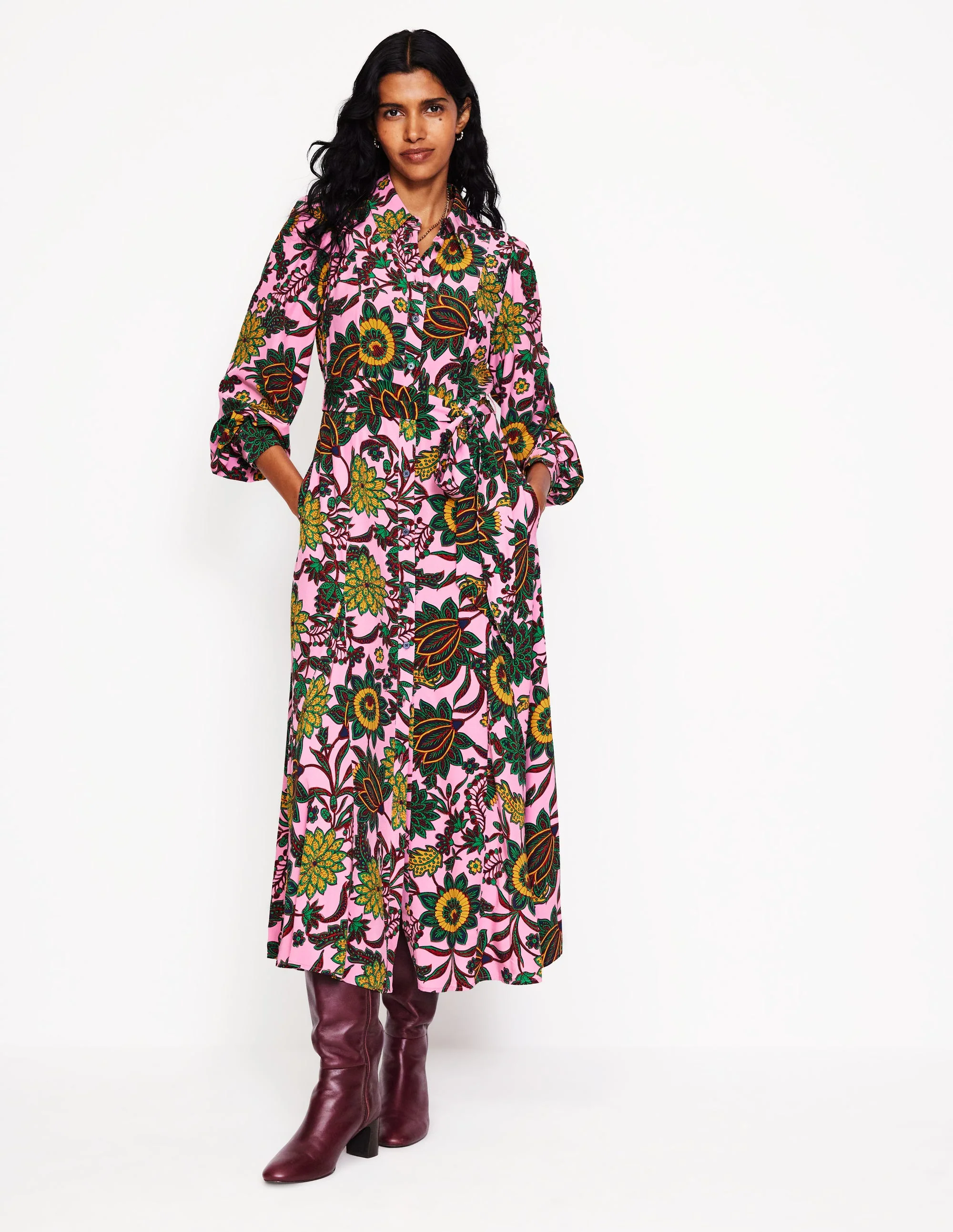 Martha Godet Maxi Shirt Dress-Mauve Mist, Ornate Bud - Image 4