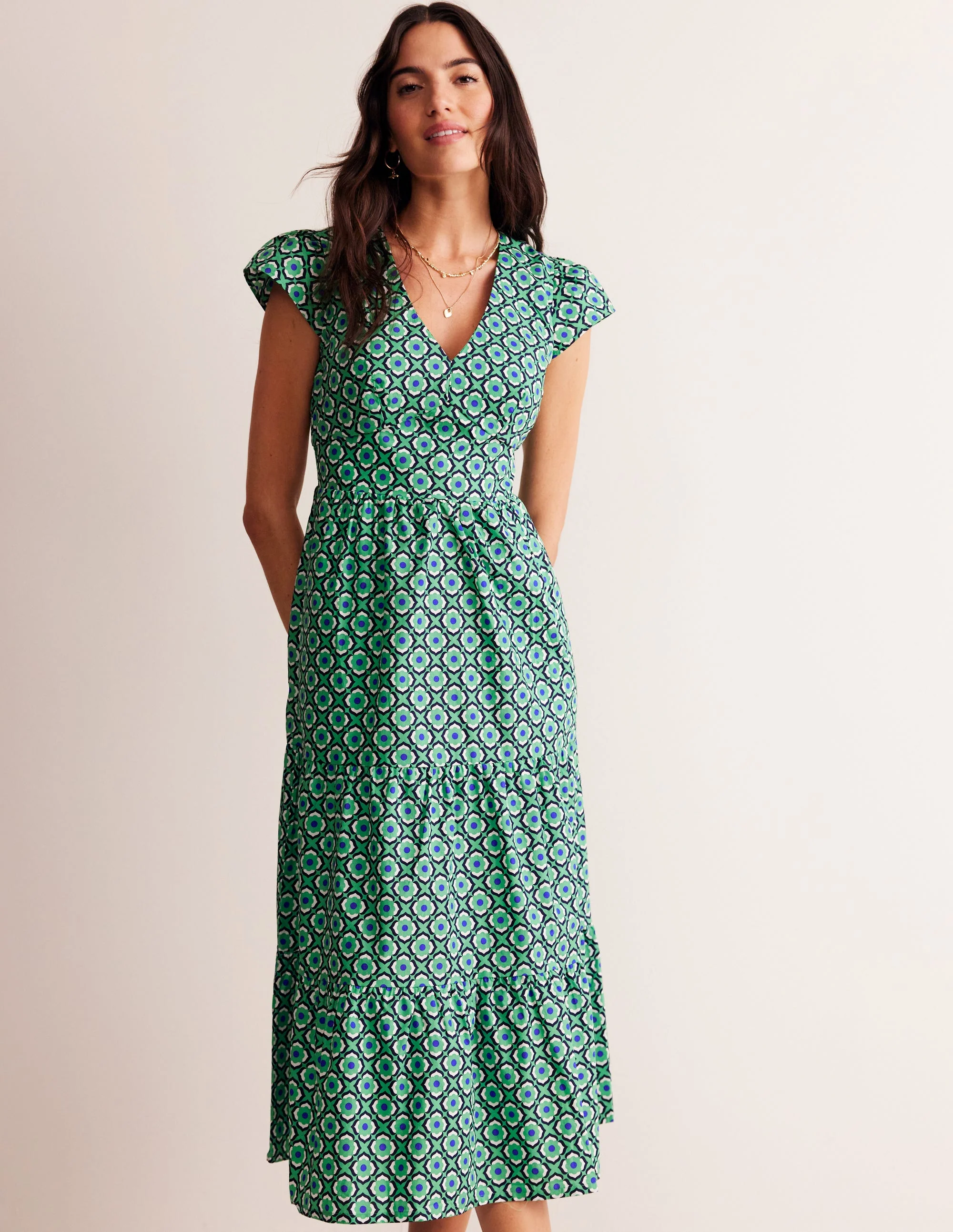 May Cotton Midi Tea Dress-Ming Green, Geo Pome - Image 4