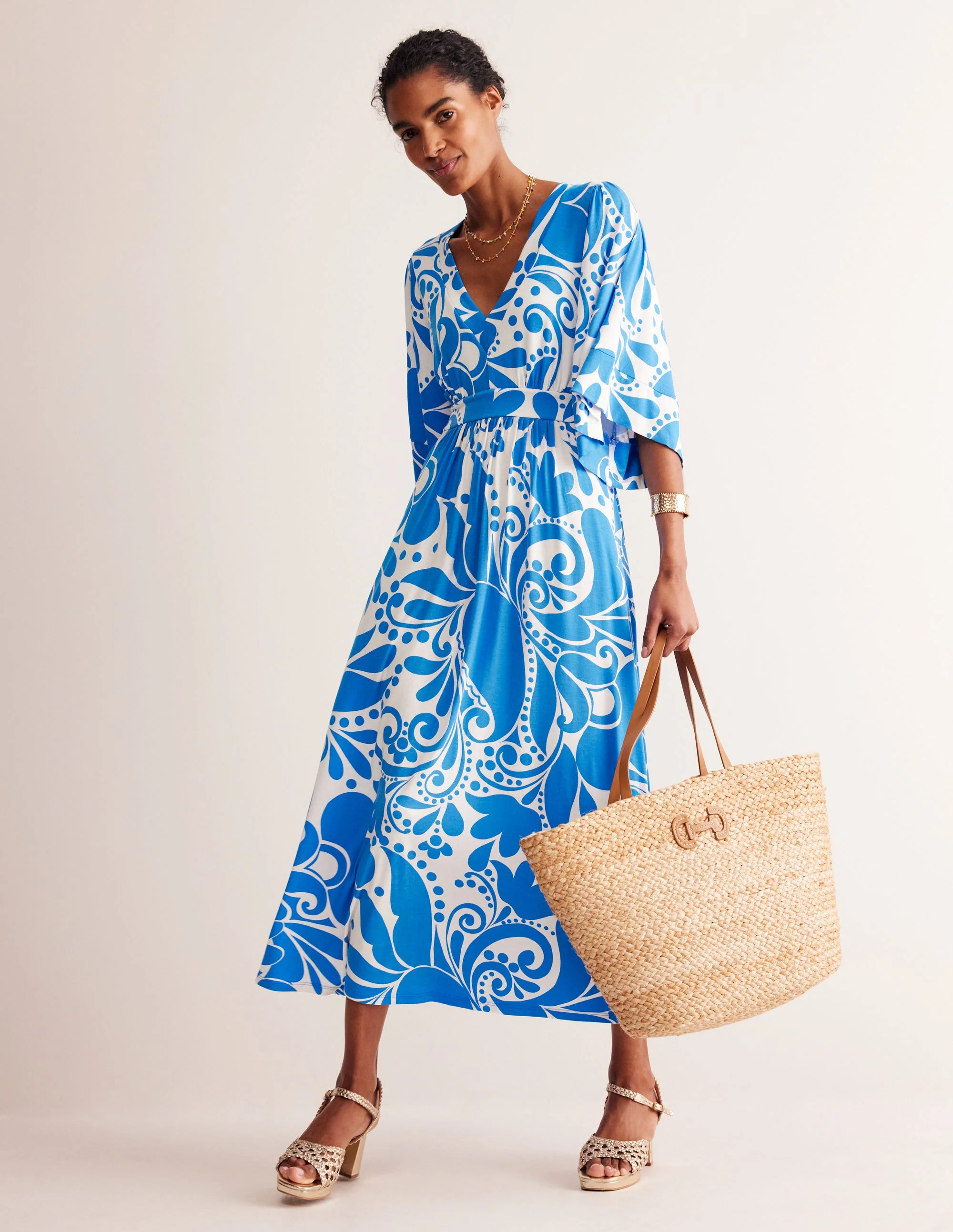 Maya Kimono Jersey Maxi Dress-Indigo Bunting, Ripple Swirl - Image 4