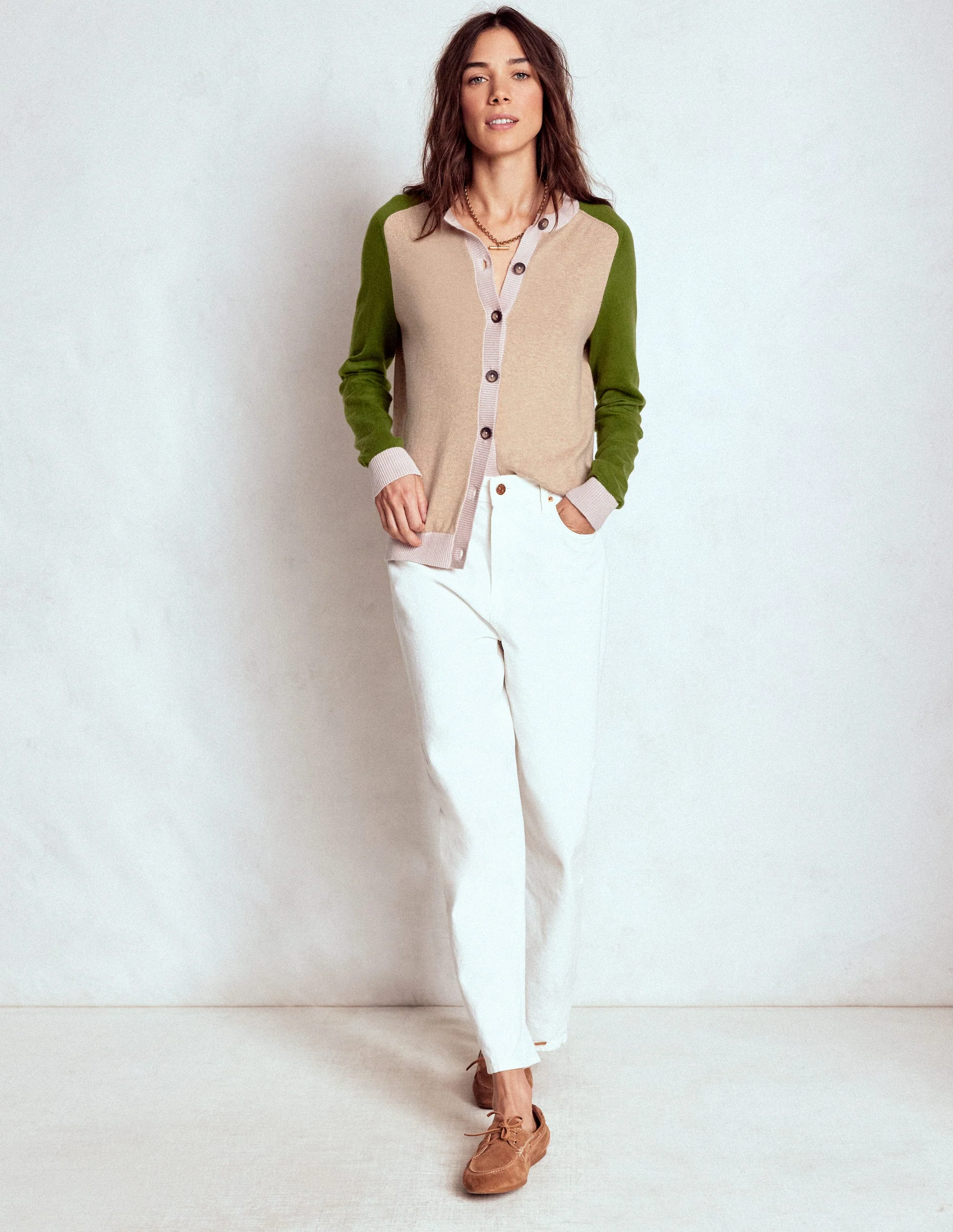 Meg Raglan Sleeve Cardigan-Oatmeal, Green Colour Block - Image 4