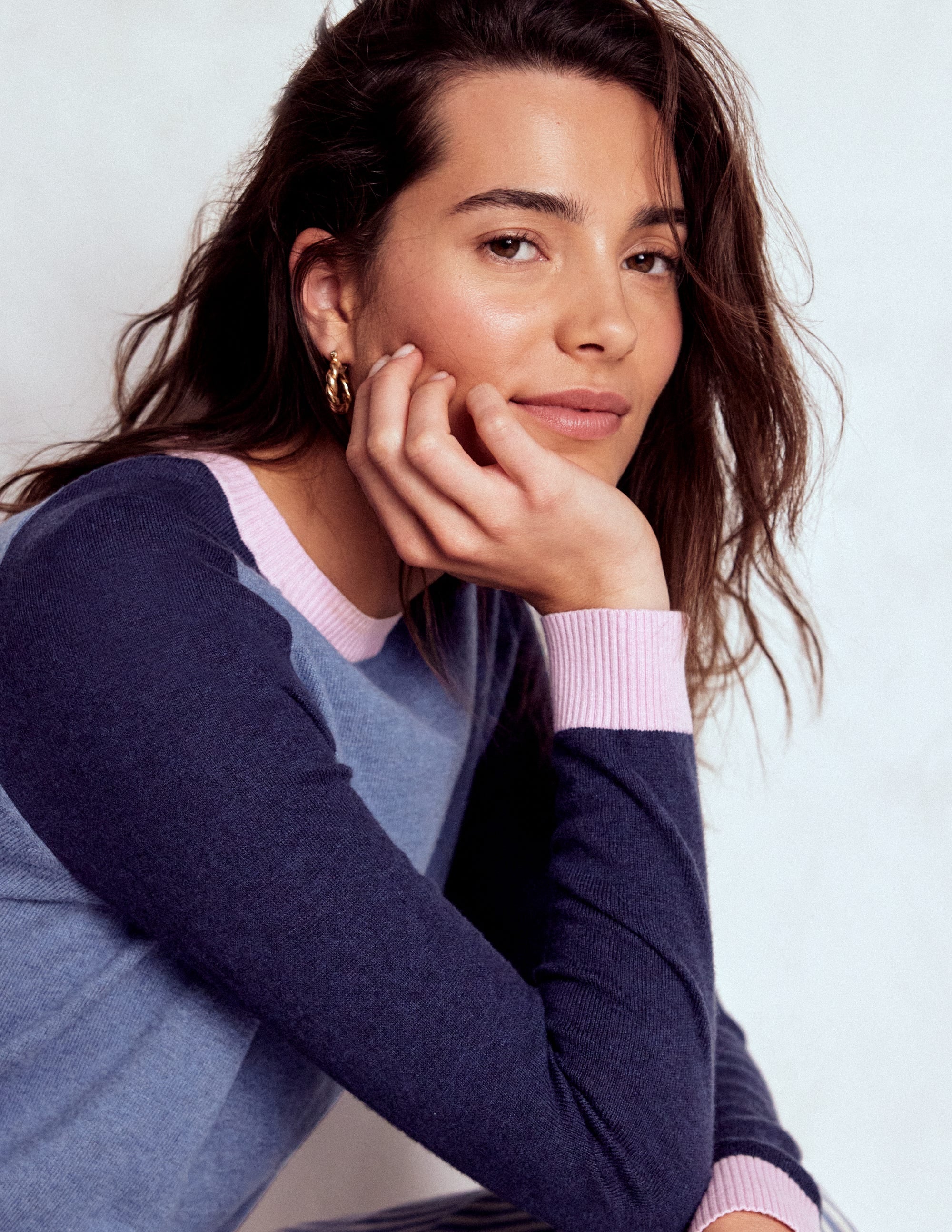 Meg Saddle Sleeve Sweater-Blue, Pink Colour Block