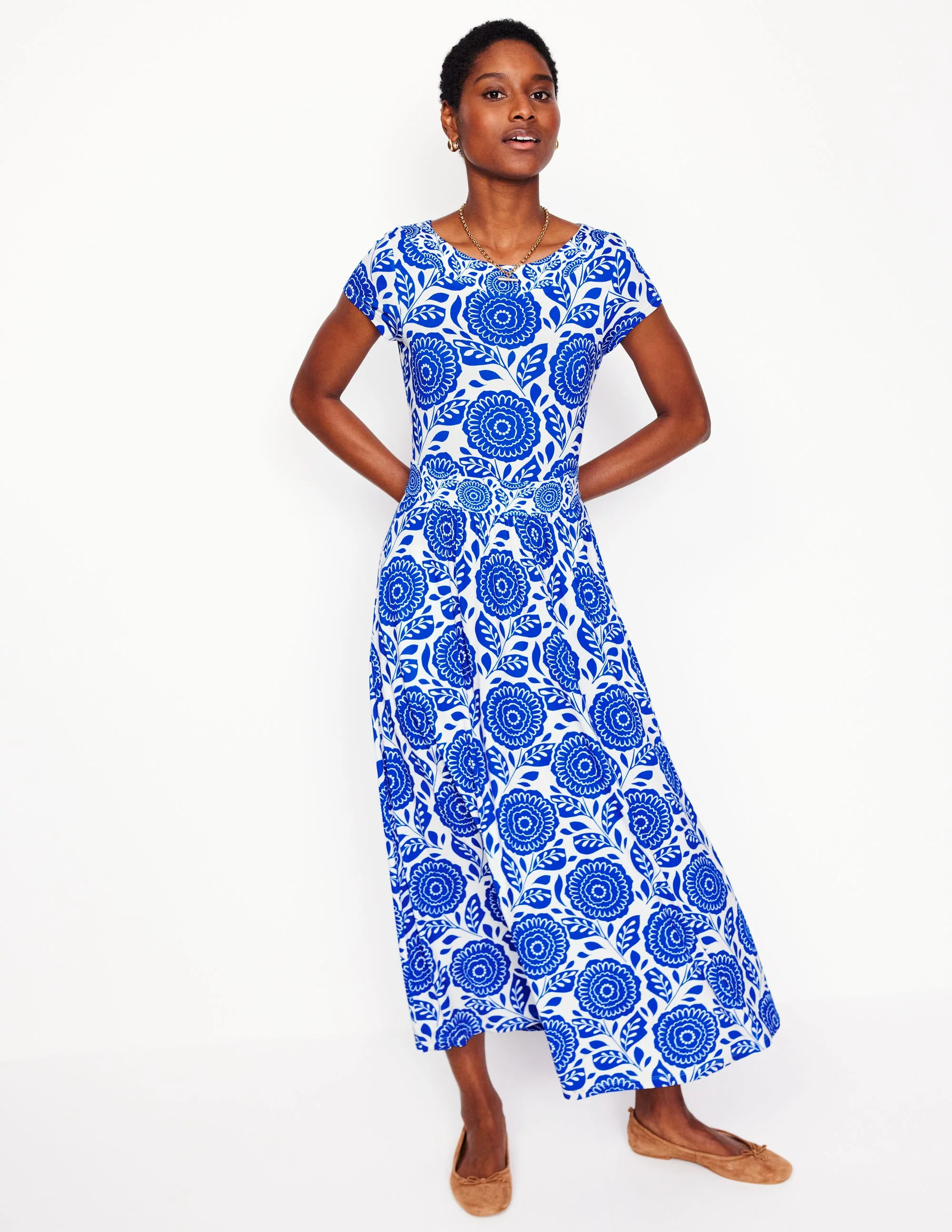 Melanie Jersey Midi Dress-Gallery Blue, Dahlia Stamp - Image 5