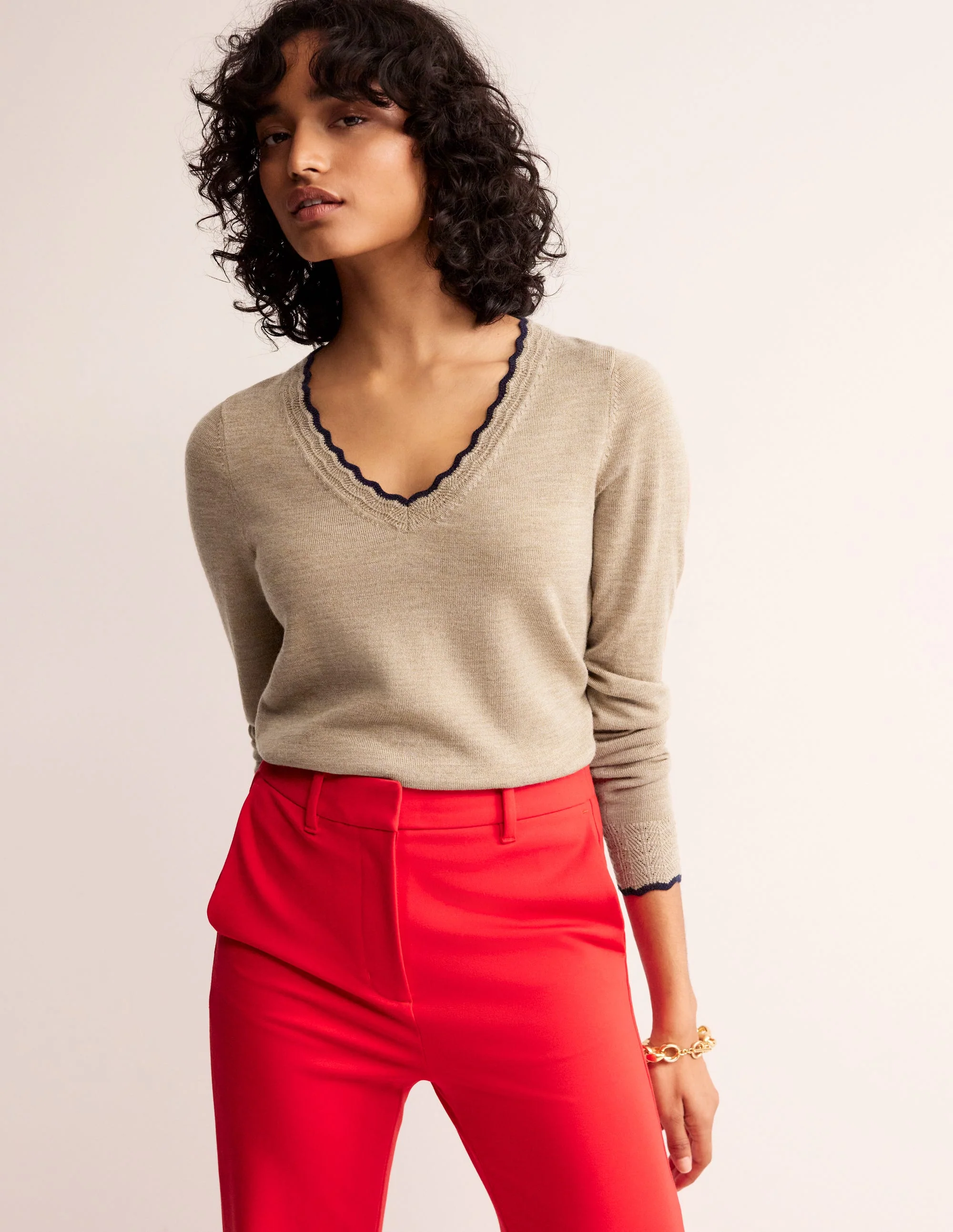Merino Scallop V-Neck Sweater-Camel Melange - Image 4