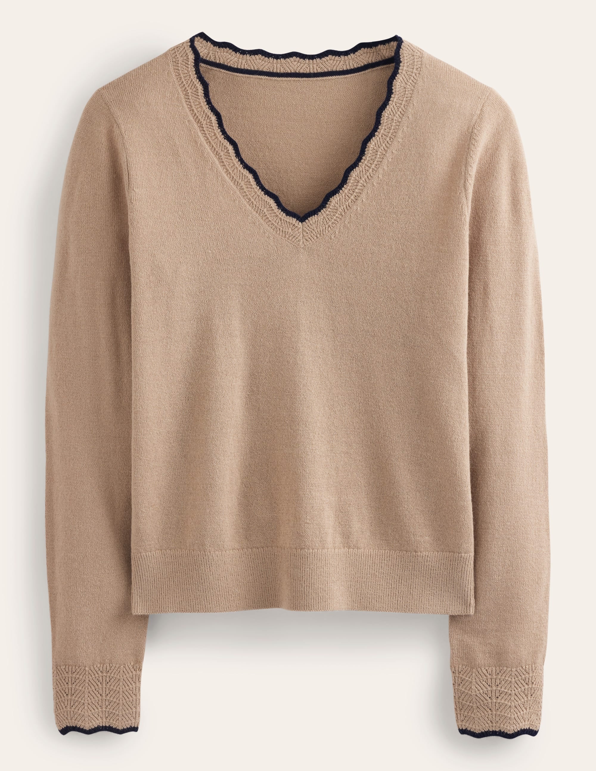 Merino Scallop V-Neck Sweater-Camel Melange - Image 5